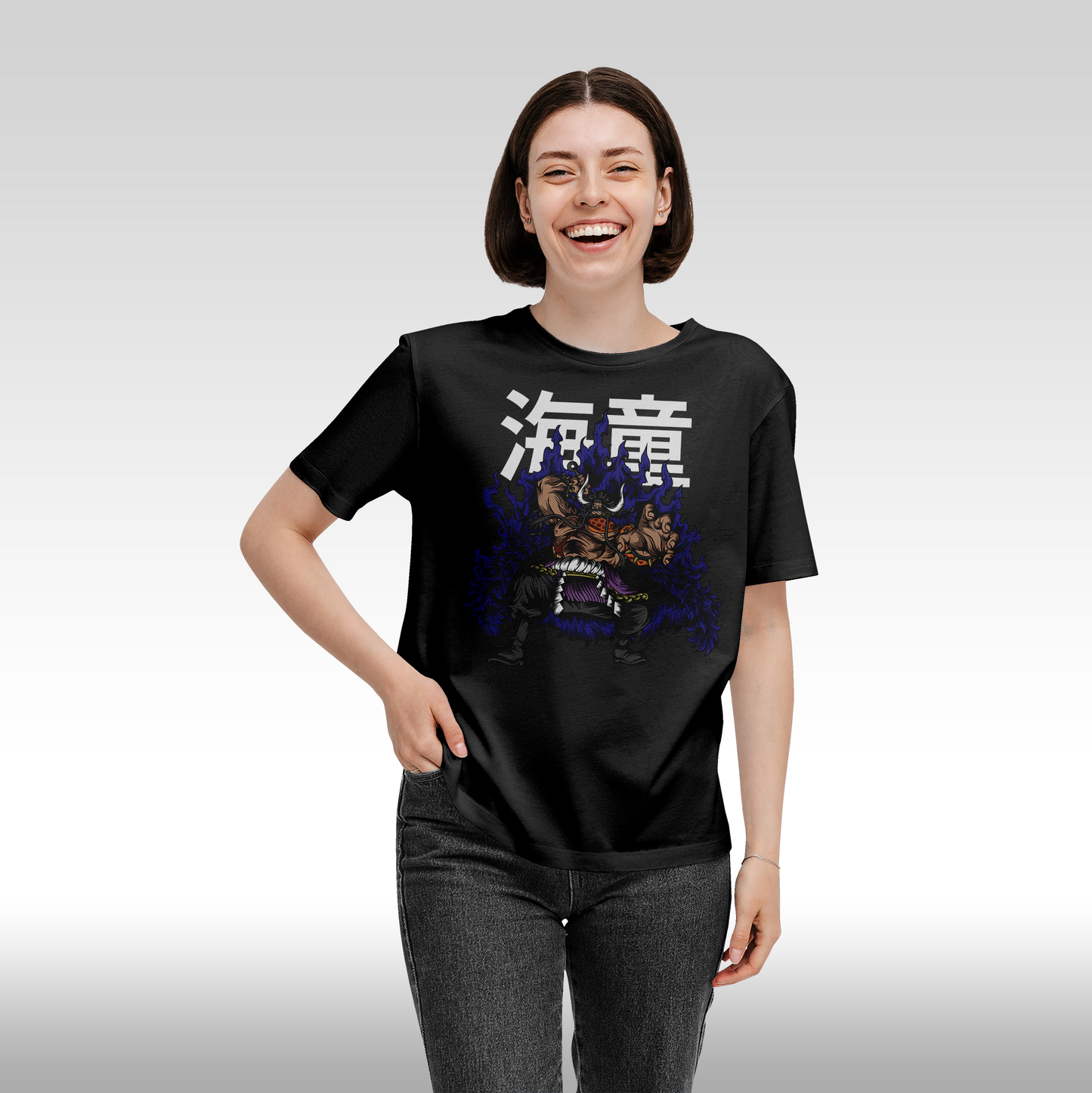 Tricou Negru personalizat bumbac Fata Dama anime "One Piece Kaido" streetwear