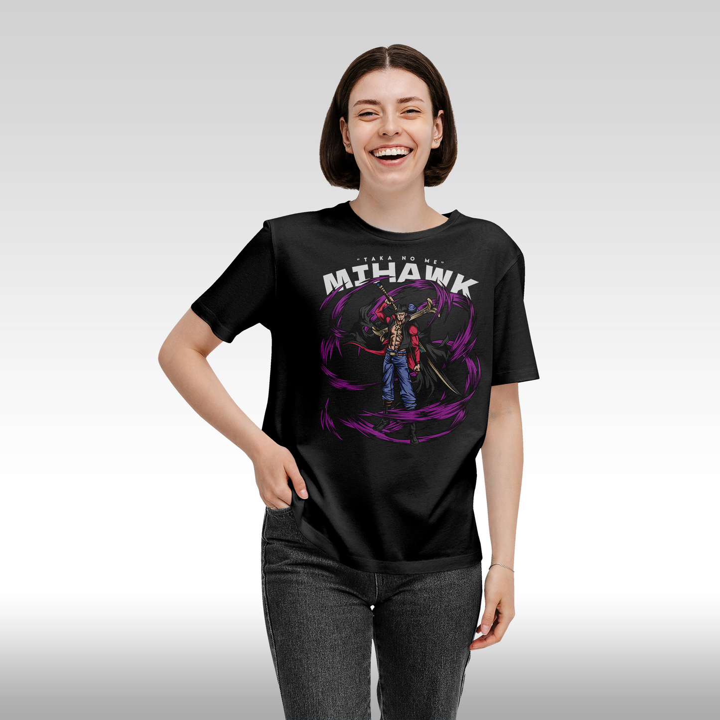 Tricou Negru personalizat bumbac Fata Dama anime "One Piece Mihawk" streetwear