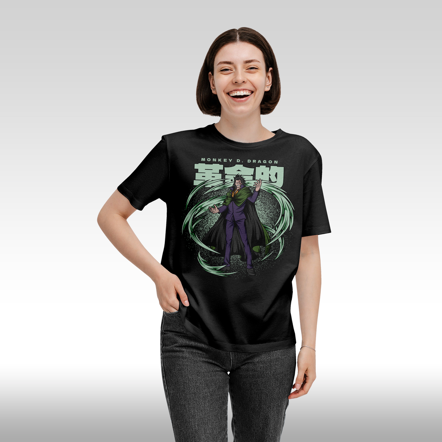 Tricou Negru personalizat bumbac Fata Dama anime "One Piece Monkey D. Dragon" streetwear