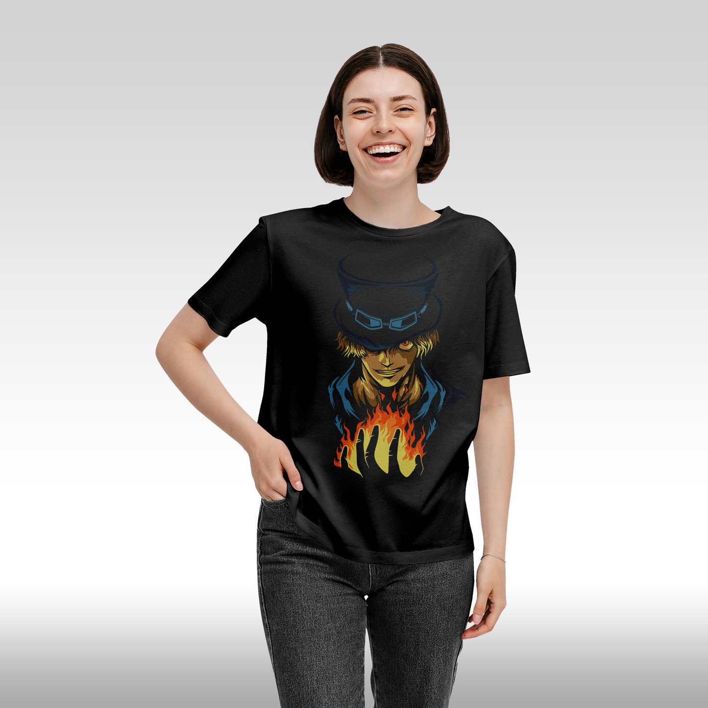 Tricou Negru personalizat bumbac Fata Dama anime "One Piece: Sabo" streetwear