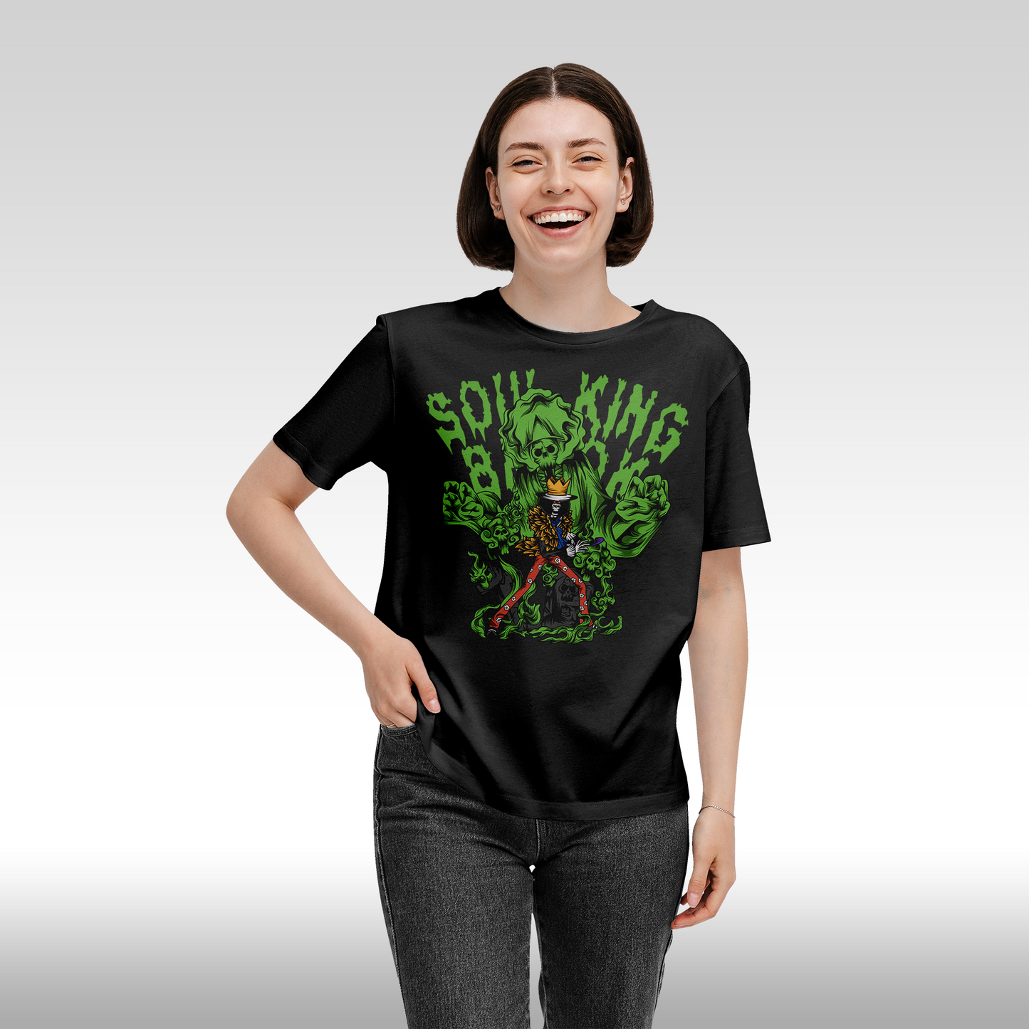 Tricou Negru personalizat bumbac Fata Dama anime "One Piece Soul King Brook" streetwear