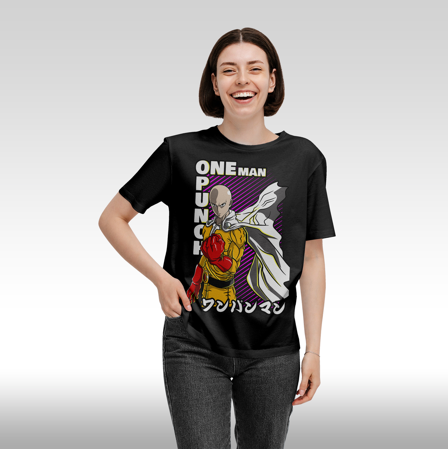 Tricou Negru personalizat bumbac Fata Dama anime "One Punch Man" streetwear
