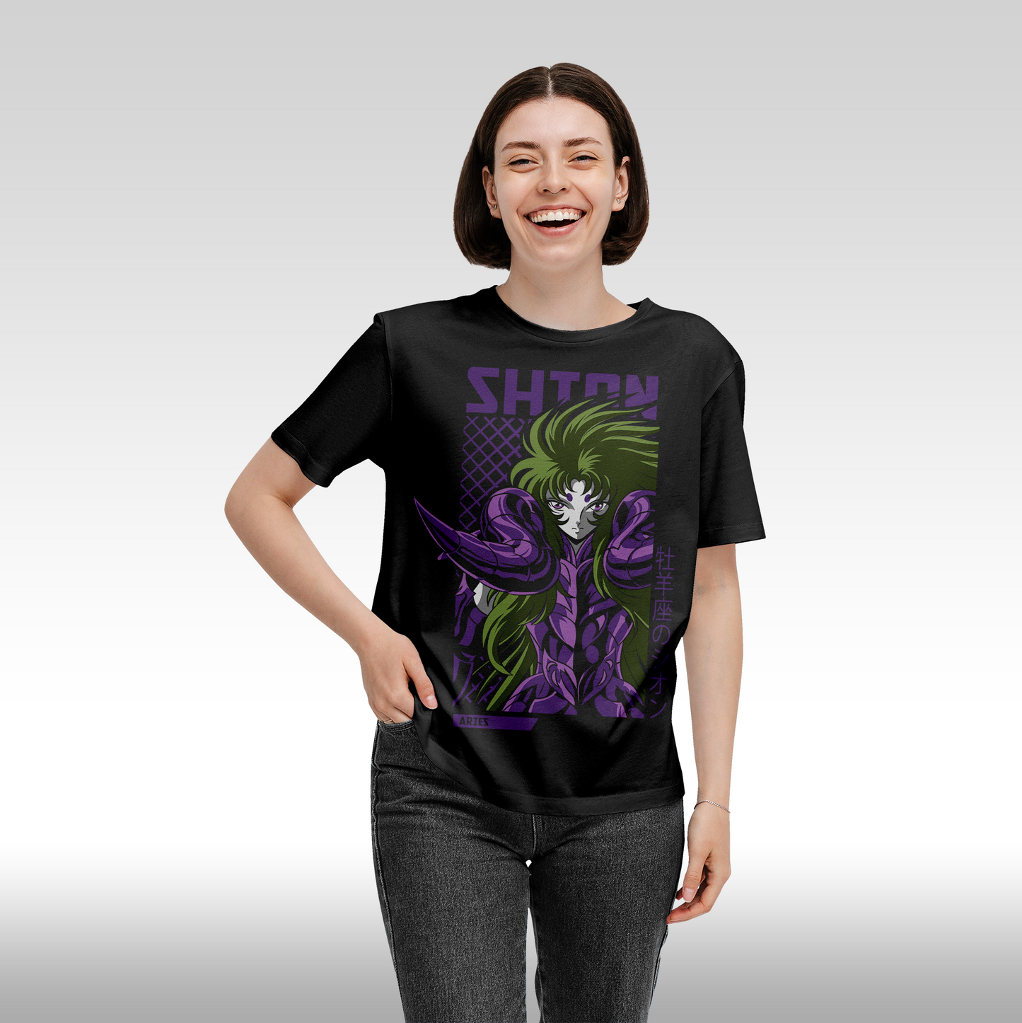 Tricou Negru personalizat bumbac Fata Dama anime "Saint Seiya Aries Shion" streetwear