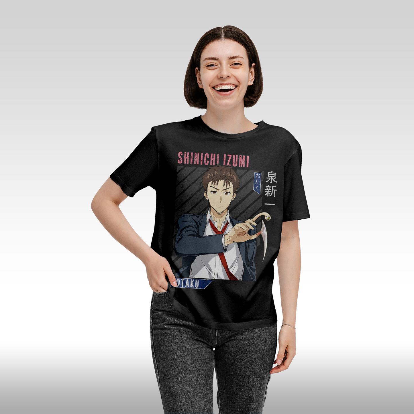 Tricou Negru personalizat bumbac Fata Dama anime "Shinichi Izumi Parasyte" streetwear