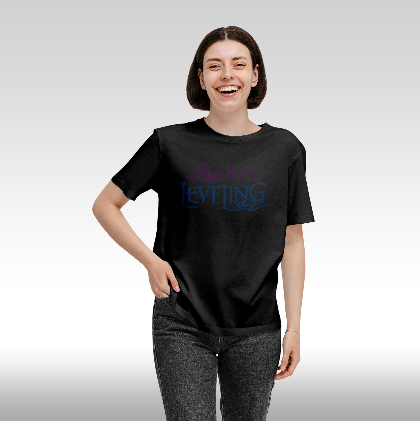 Tricou Negru personalizat bumbac Fata Dama anime "Solo Leveling" streetwear