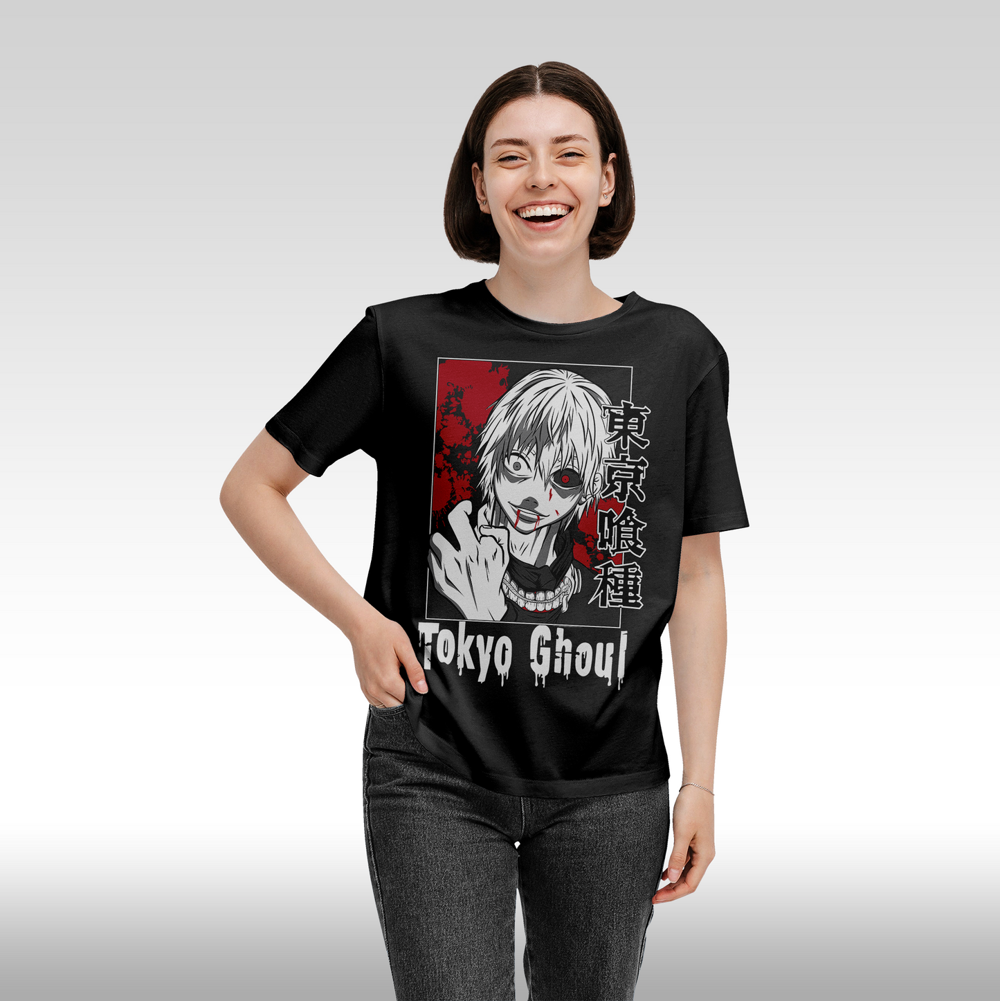 Tricou Negru personalizat bumbac Fata Dama anime "Tokyo Ghoul" streetwear