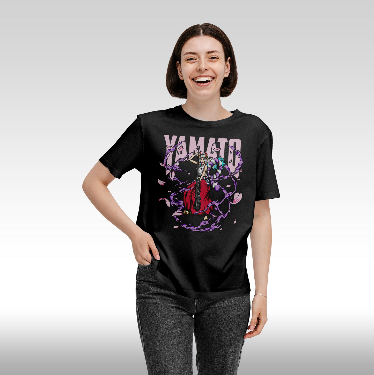 Tricou Negru personalizat bumbac Fata Dama anime "Yamato" streetwear
