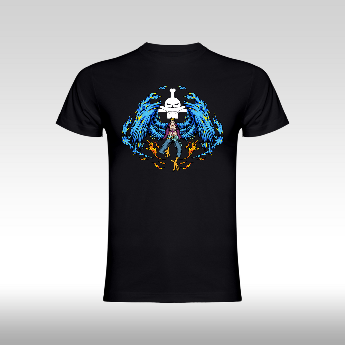 Tricou Negru personalizat bumbac anime "One Piece Marco The Phoenix" streetwear