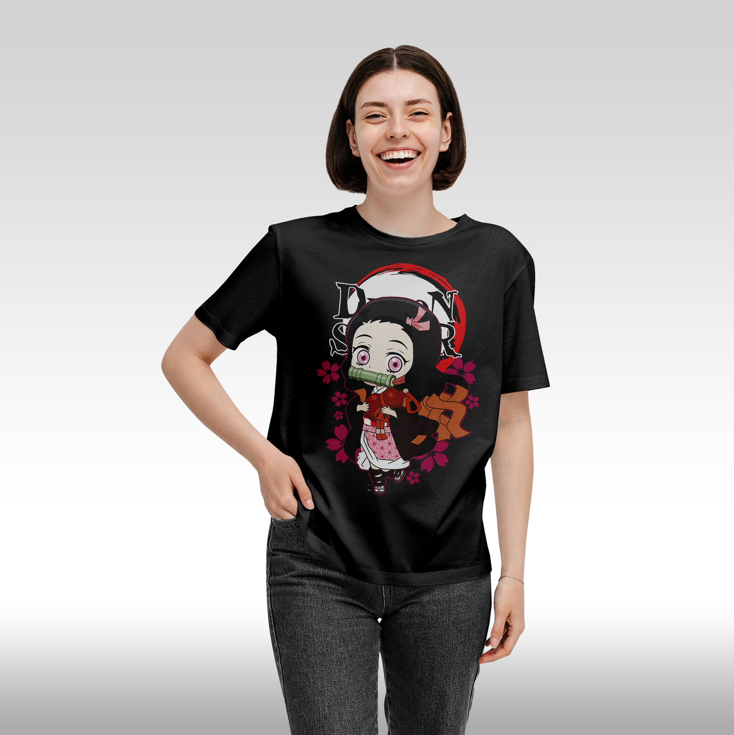 Tricou Negru personalizat bumbac Fata Dama anime "Demon Slayer: Kamado Nezuko" streetwear