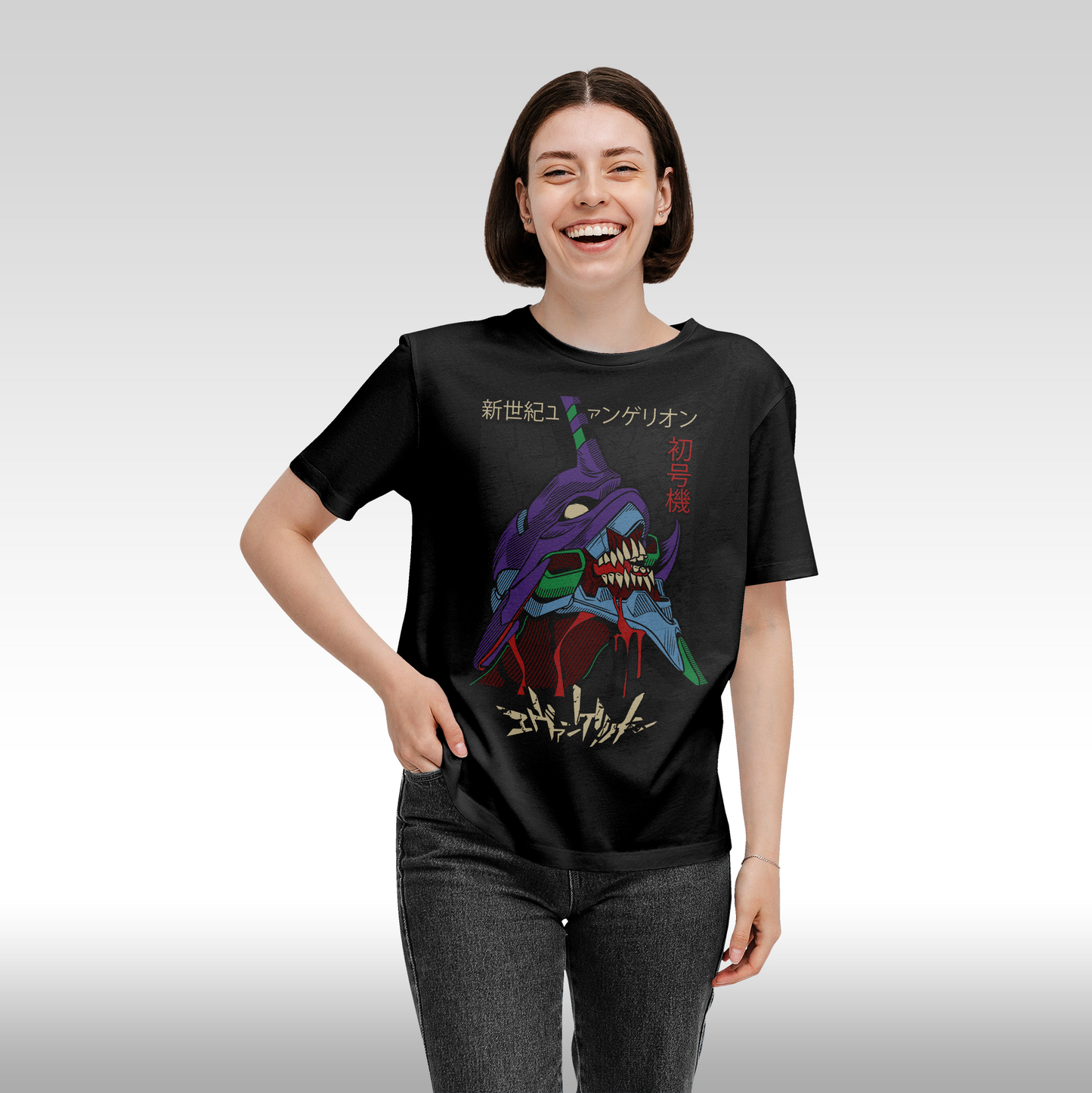 Tricou Negru personalizat bumbac Fata Dama anime "Neon Genesis Evangelion: Eva Unit 01" streetwear