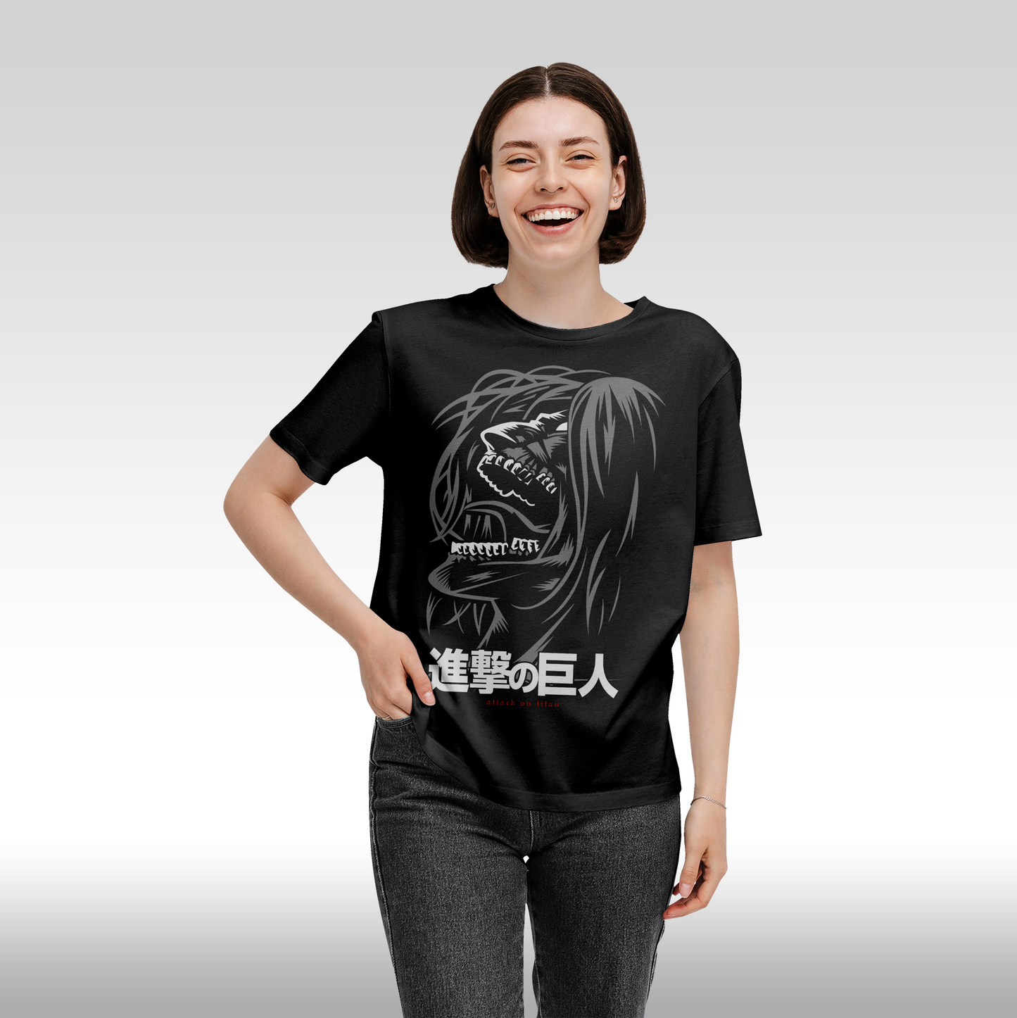 Tricou Negru personalizat bumbac Fata dama anime "Attack On Titan: Eren Yeager" streetwear