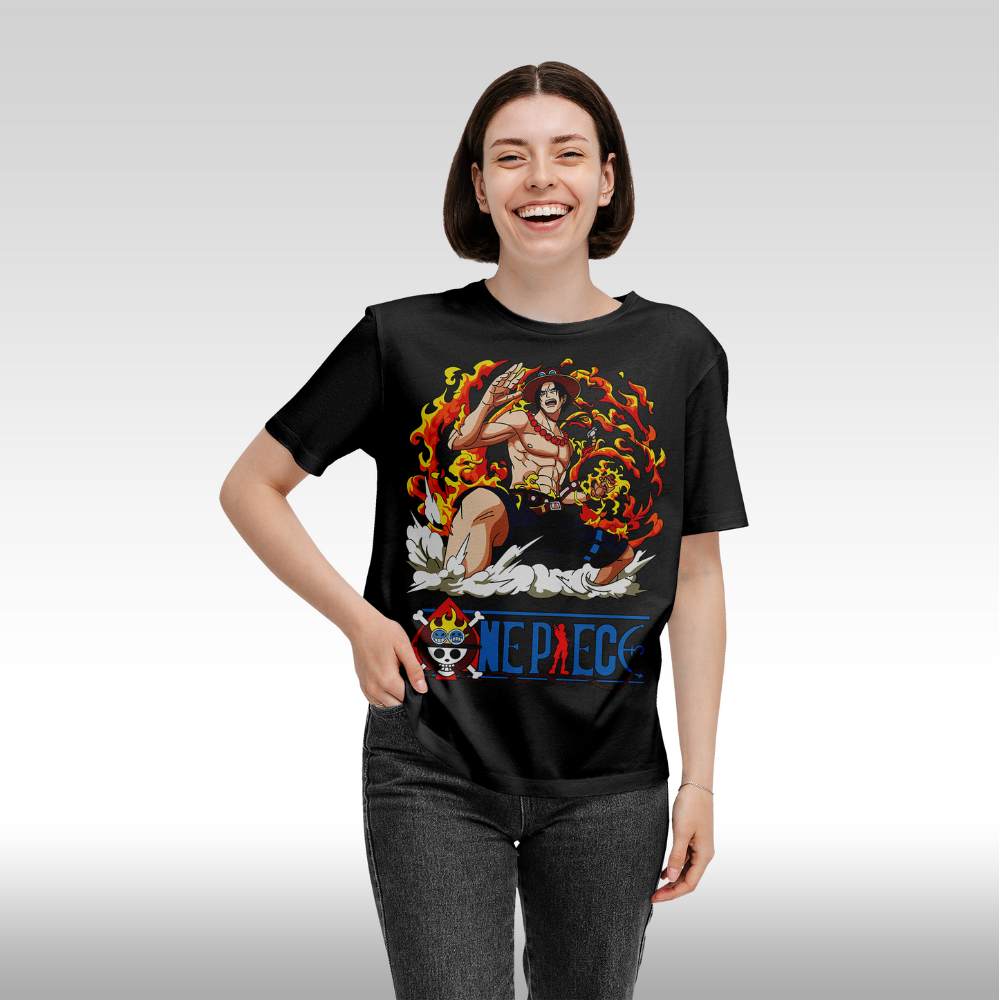 Tricou Negru personalizat bumbac Fata dama anime "Fire Portgas D. Ace" streetwear
