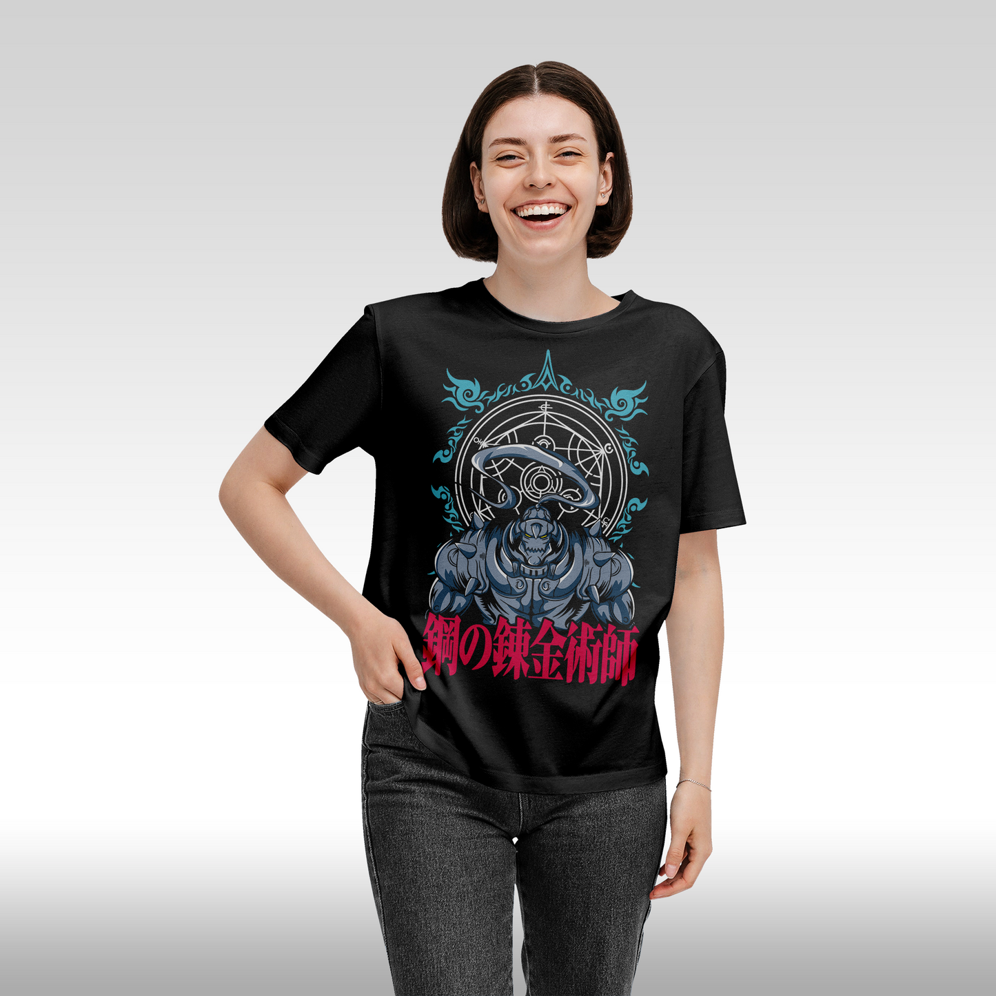Tricou Negru personalizat bumbac Fata dama anime "Fullmetal Alchemist: Alphonse" streetwear