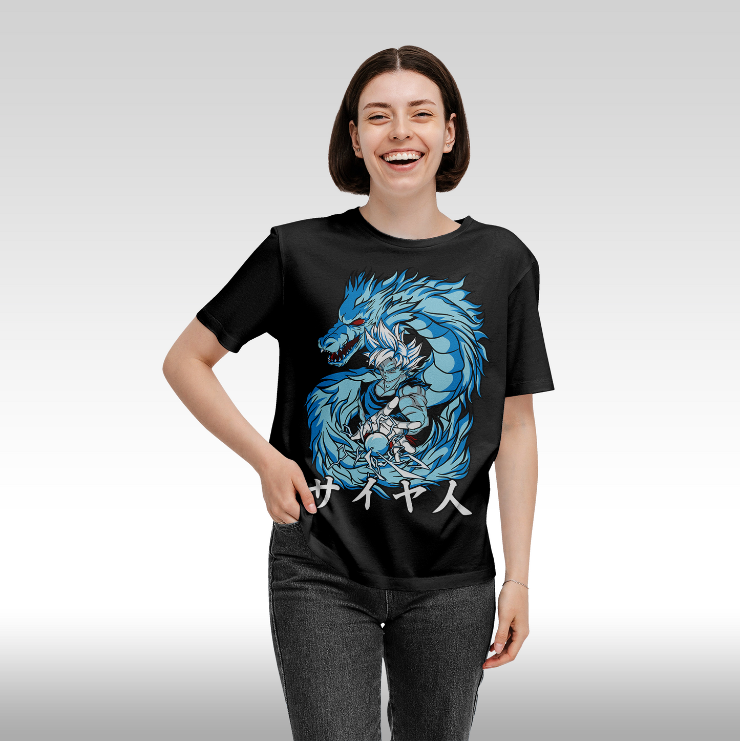 Tricou negru personalizat bumbac Fata dama anime "Goku Power Dragon" streetwear