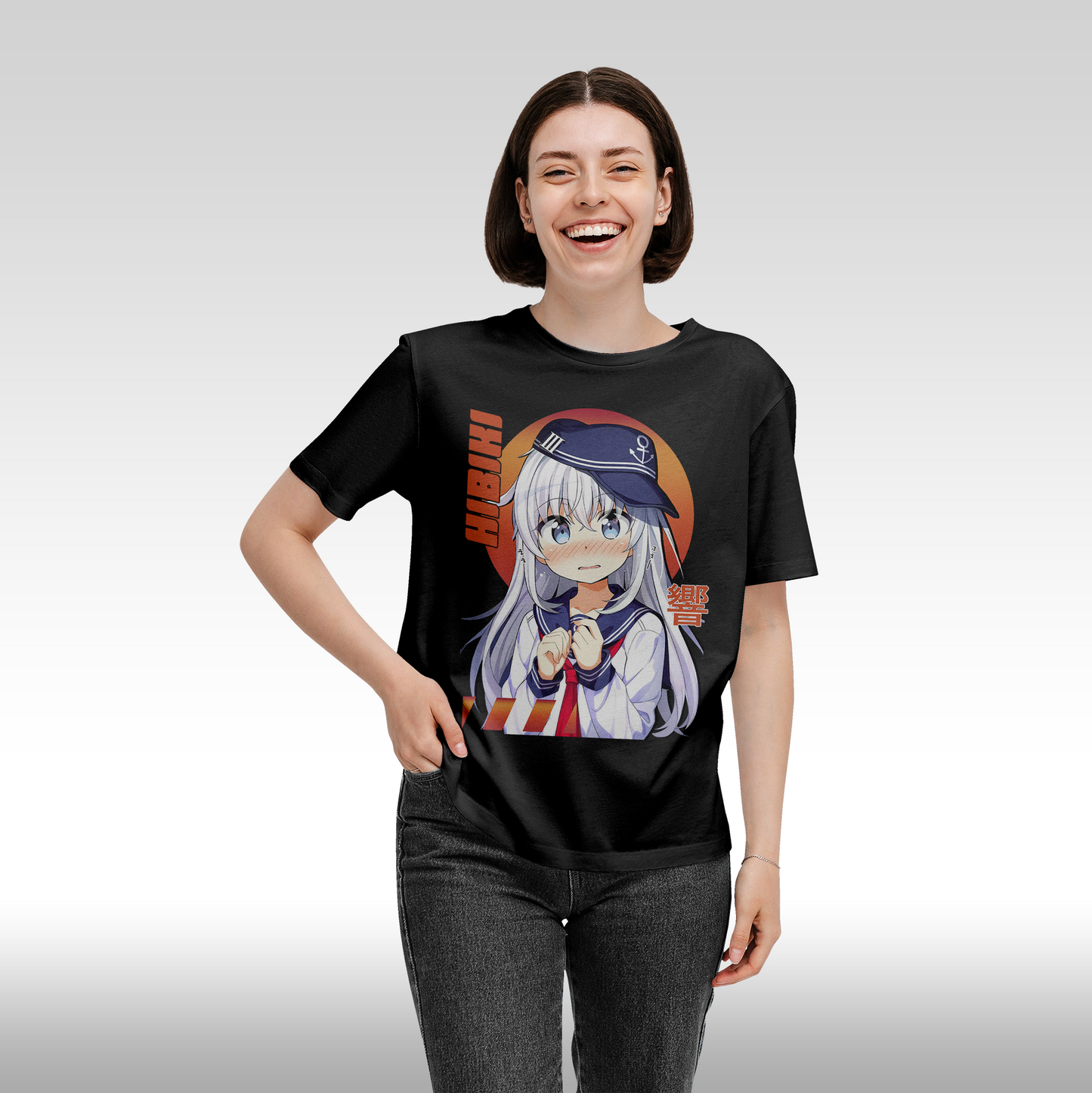 Tricou Negru personalizat bumbac Fata Dama anime "Hibiki" streetwear