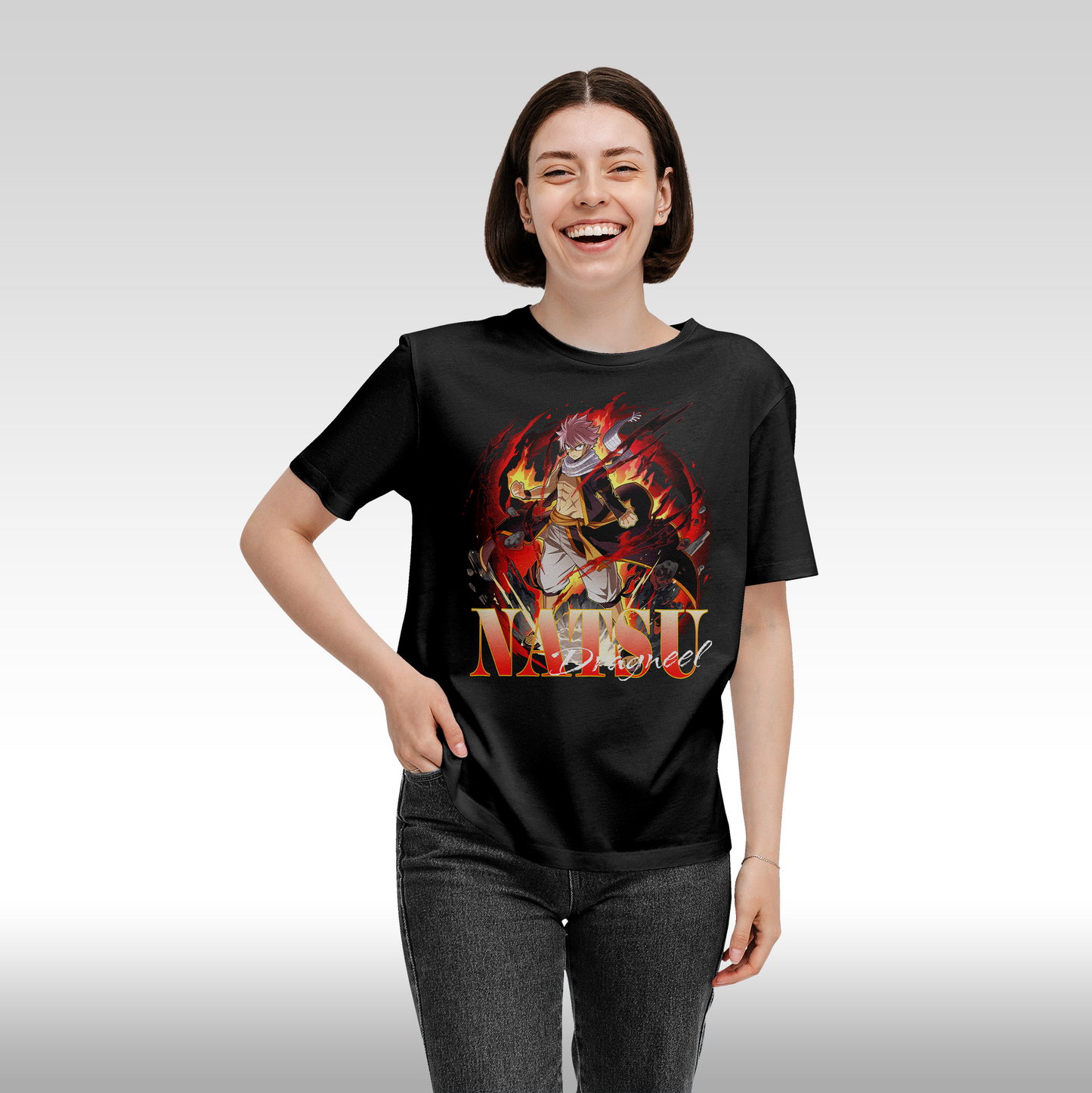 Tricou Negru personalizat bumbac Fata dama anime "Natsu" streetwear