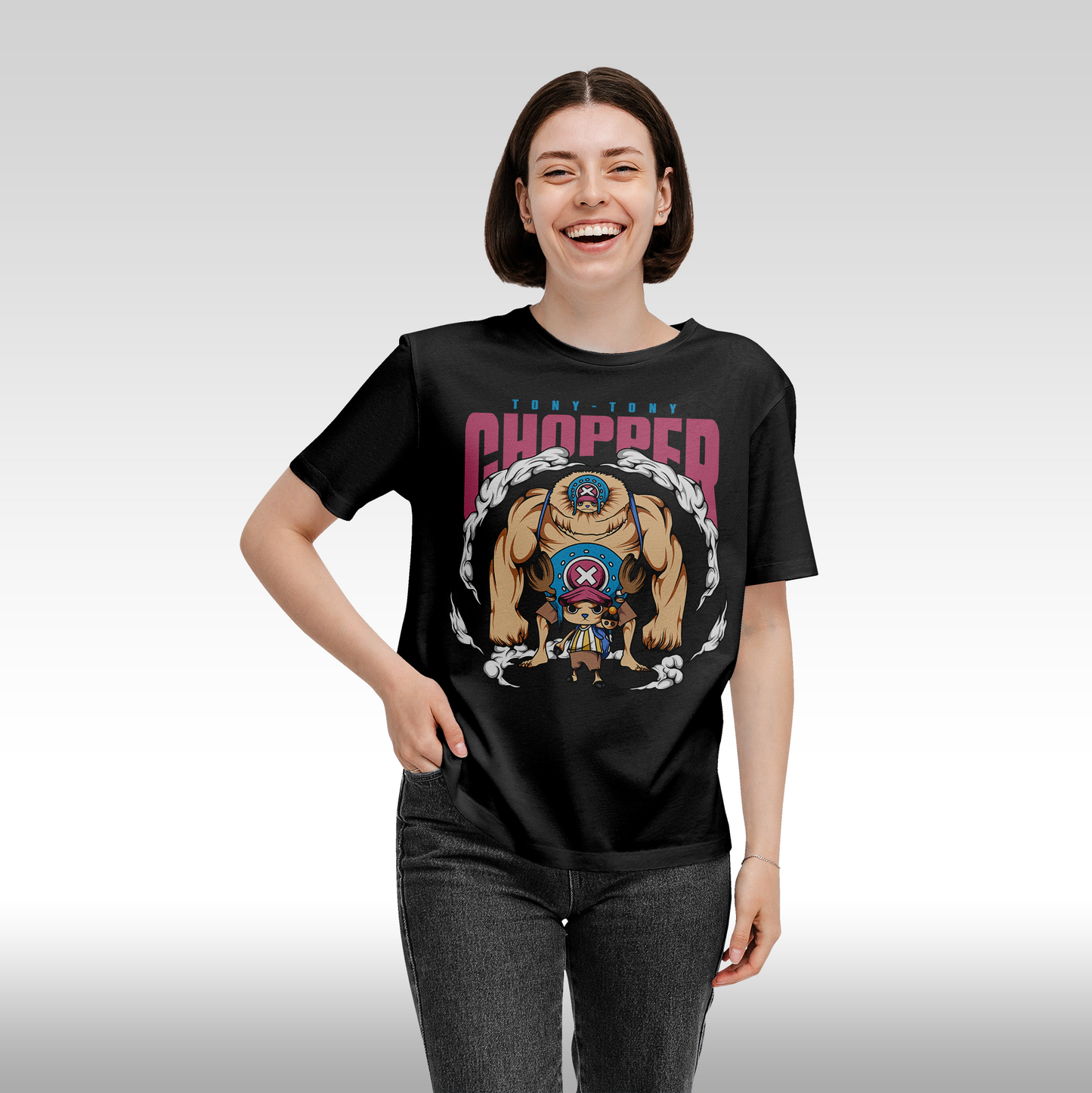 Tricou Negru personalizat bumbac Fata dama anime "One Piece Tony-Tony Chopper", streetwear