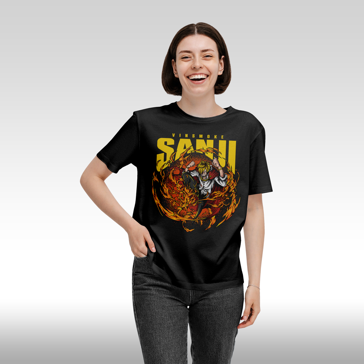Tricou Negru personalizat bumbac Fata Dama anime "One Piece Sanji" streetwear
