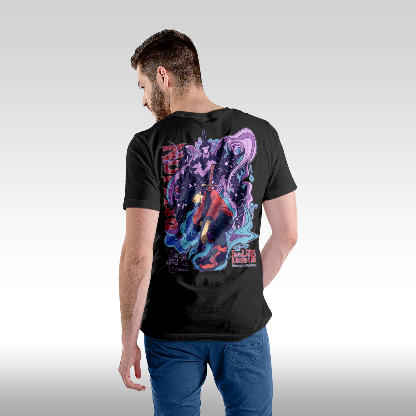Tricou Negru personalizat bumbac Spate Barbat anime "Solo Leveling: Sung Ji Woo" streetwear
