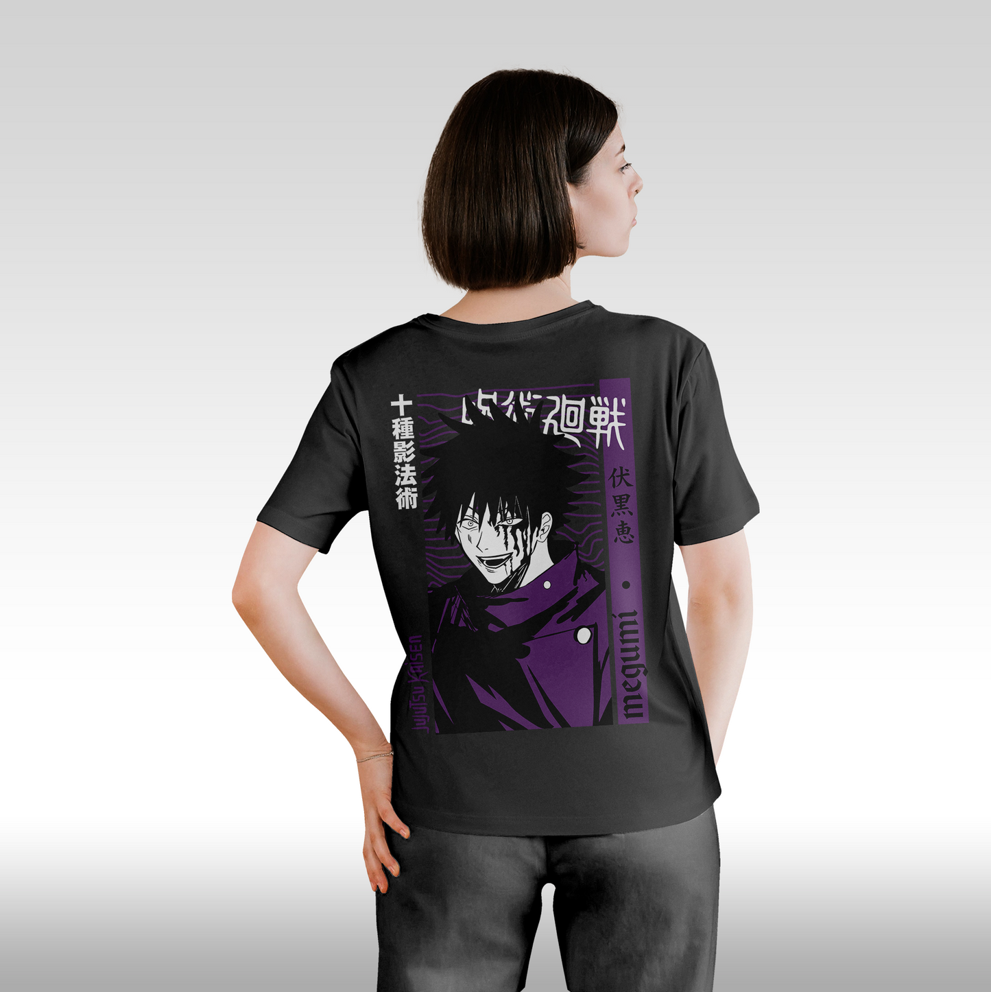 Tricou Negru personalizat bumbac Spate Dama anime "Jujutsu Kaisen: Megumi" streetwear