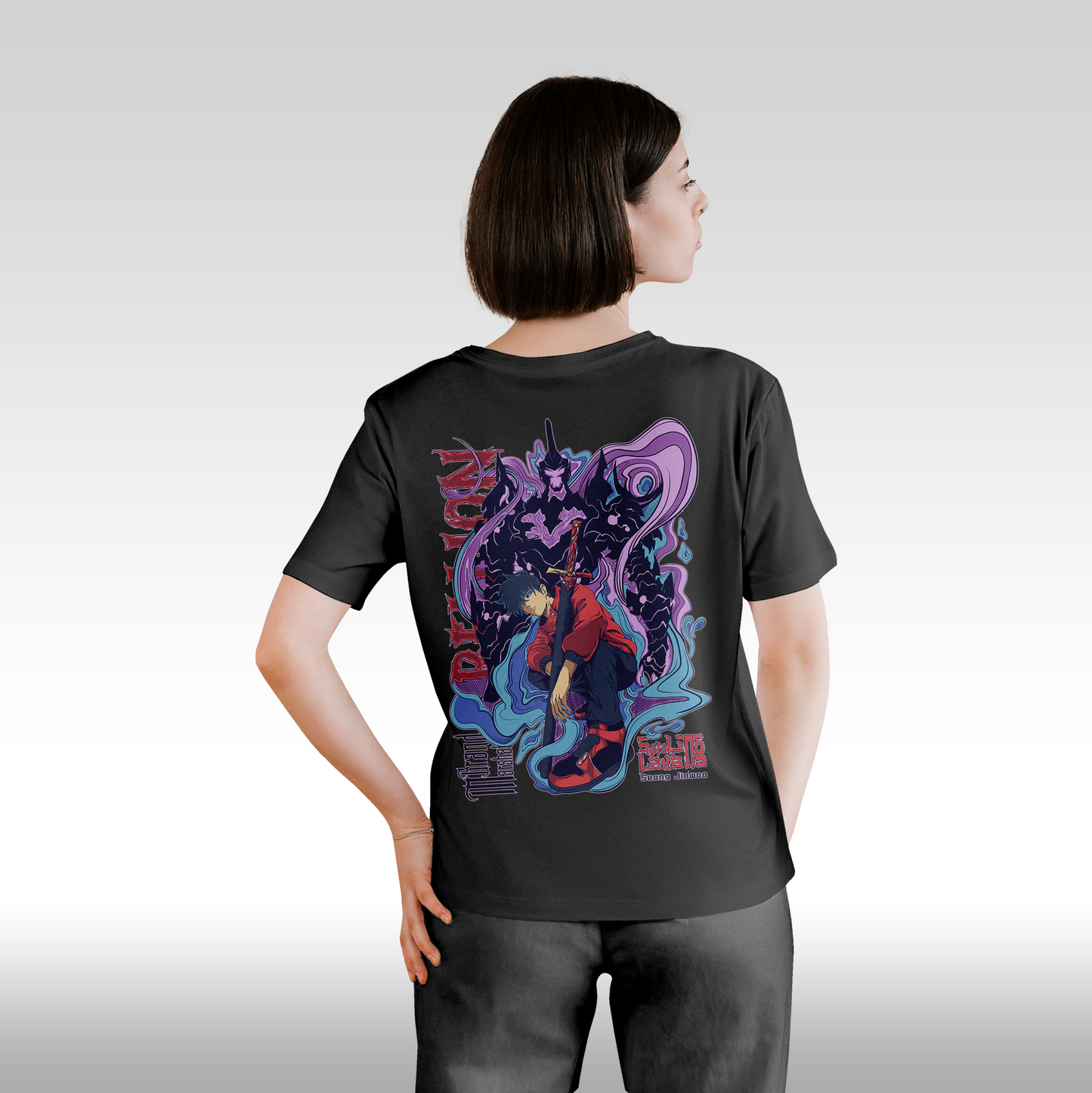 Tricou Negru personalizat bumbac Spate dama anime "Solo Leveling: Sung Ji Woo" streetwear