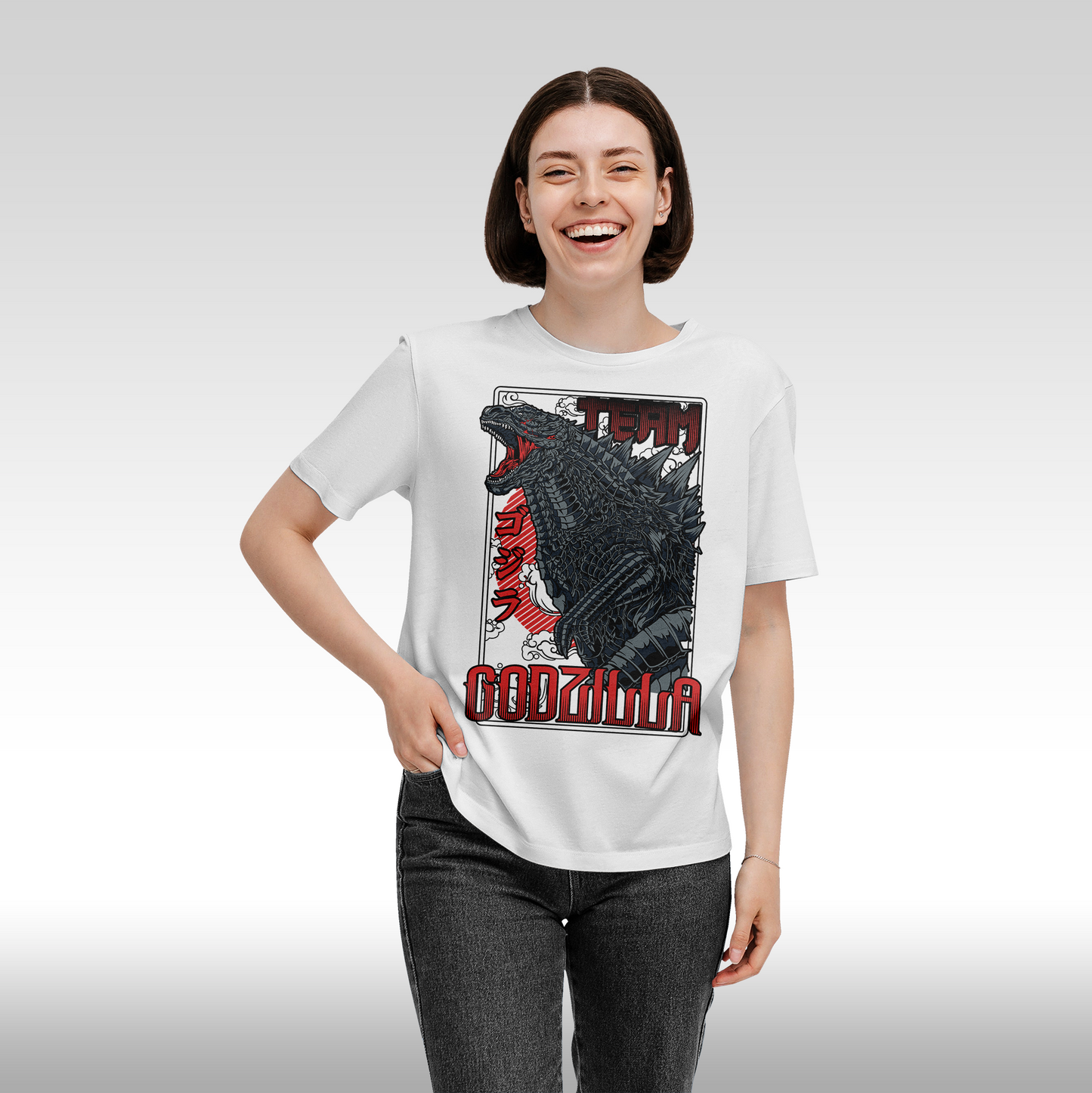 Tricou Alb personalizat bumbac Fata Dama anime "Godzilla" streetwear