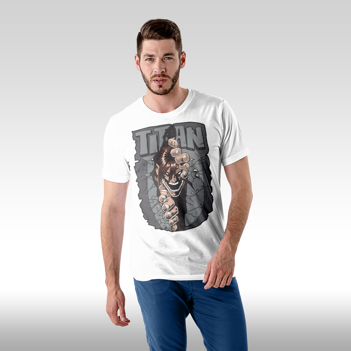 Tricou alb personalizat bumbac Fata barbat anime "Attack On Titan: Eren Yeager Color" streetwear