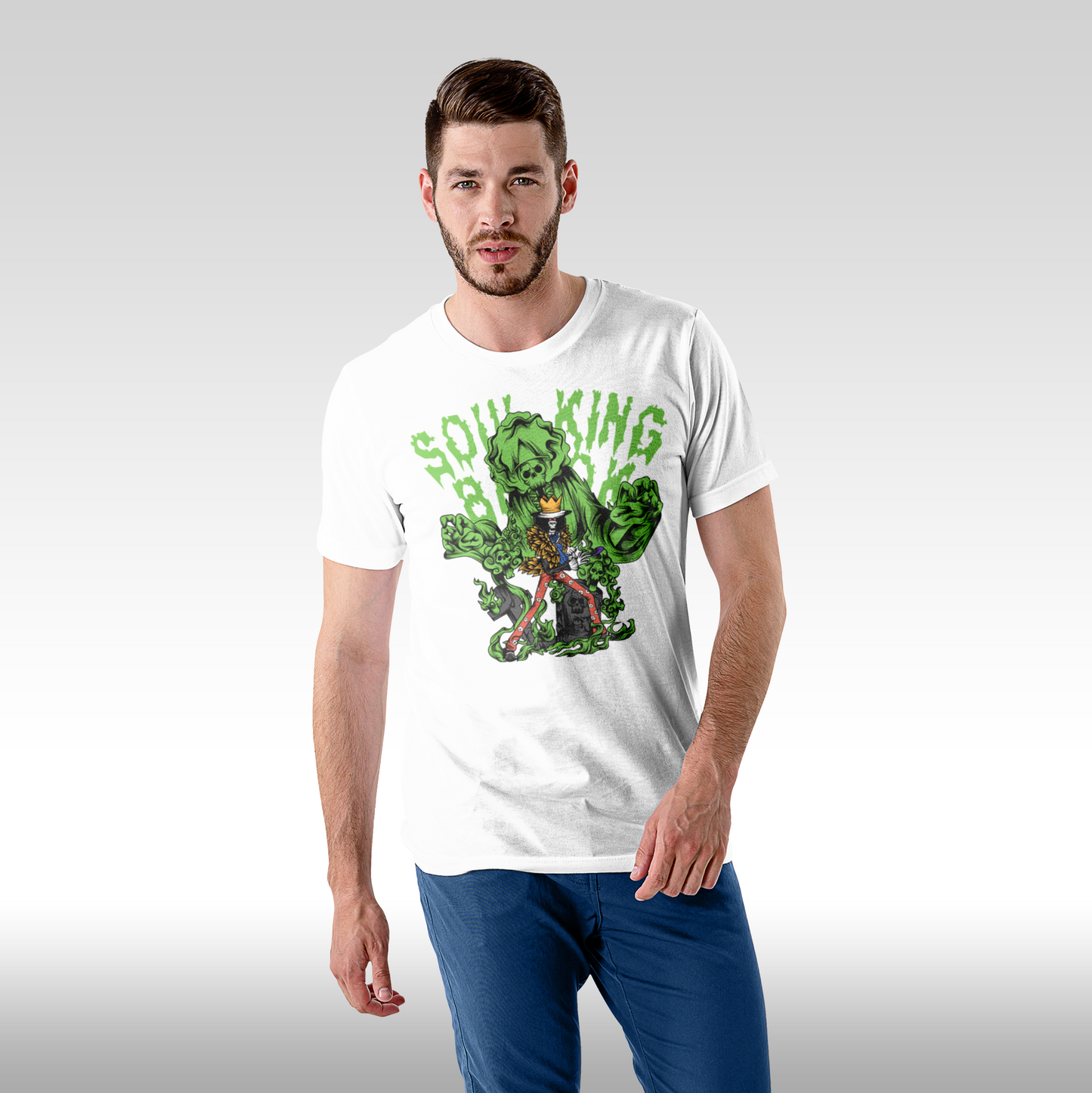 Tricou alb personalizat bumbac Fata barbat anime "One Piece Soul King Brook" streetwear