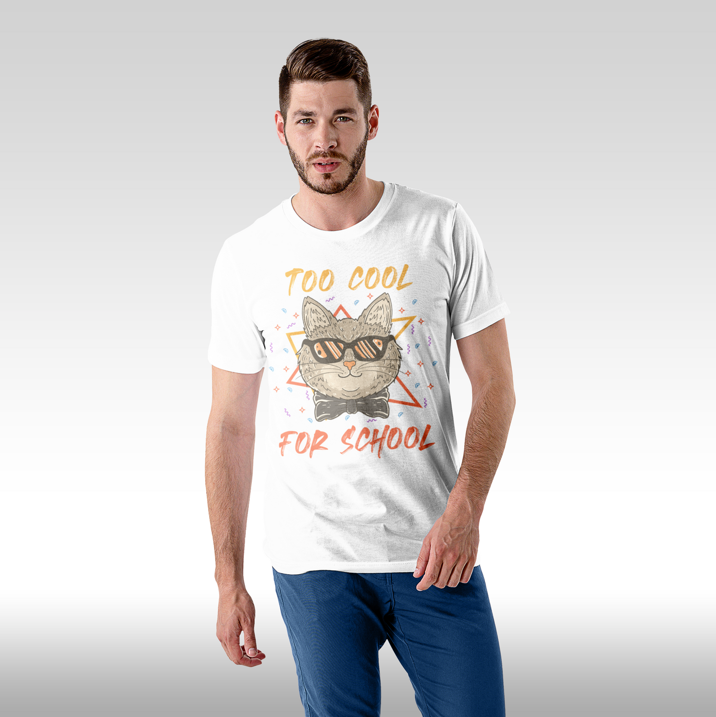 Tricou alb personalizat bumbac Fata barbat urban "Too Cool For School - pisica" streetwear