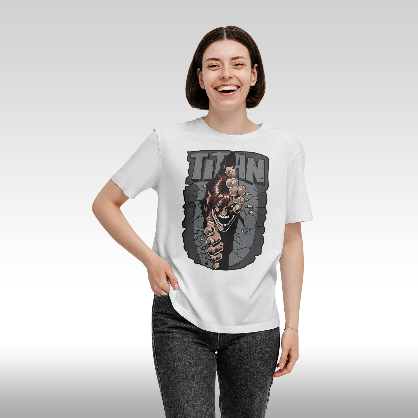 Tricou alb personalizat bumbac Fata Dama anime "Attack On Titan: Eren Yeager Color" streetwear