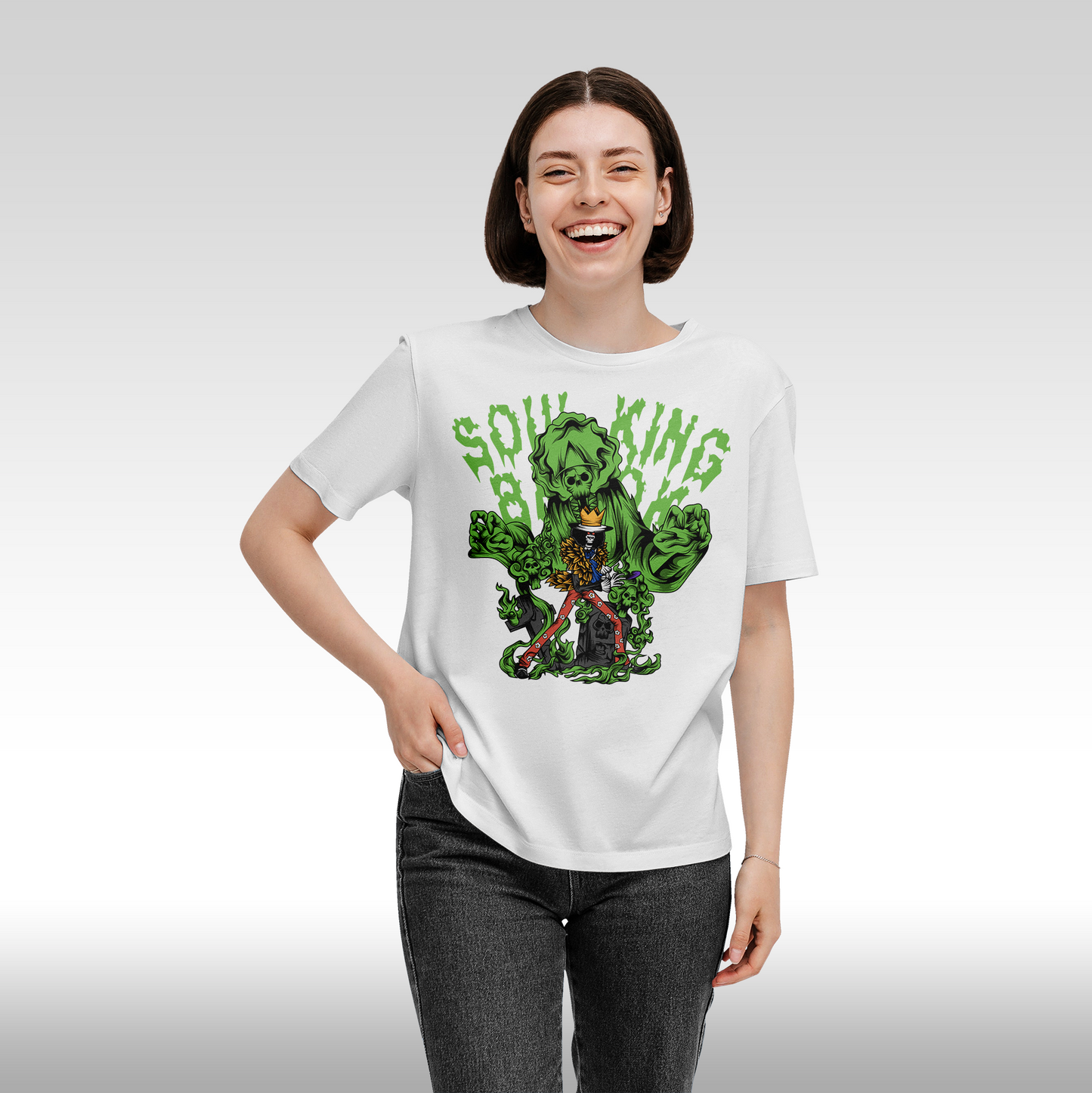 Tricou alb personalizat bumbac Fata Dama anime "One Piece Soul King Brook" streetwear