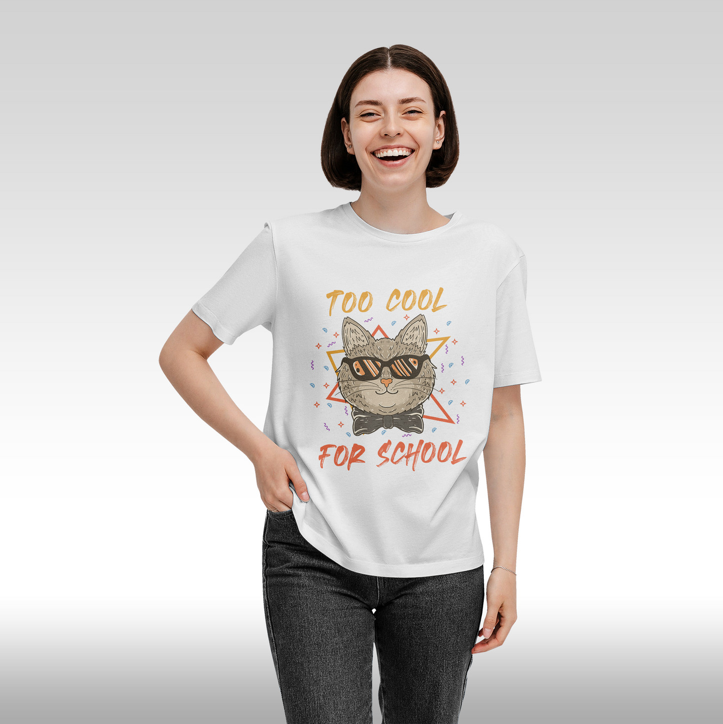 Tricou alb personalizat bumbac Fata Dama urban "Too Cool For School - pisica" streetwear