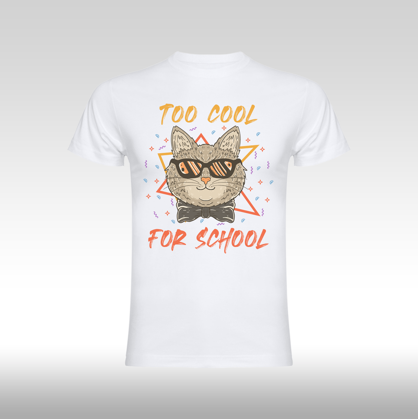 Tricou alb personalizat bumbac urban "Too Cool For School - pisica" streetwear