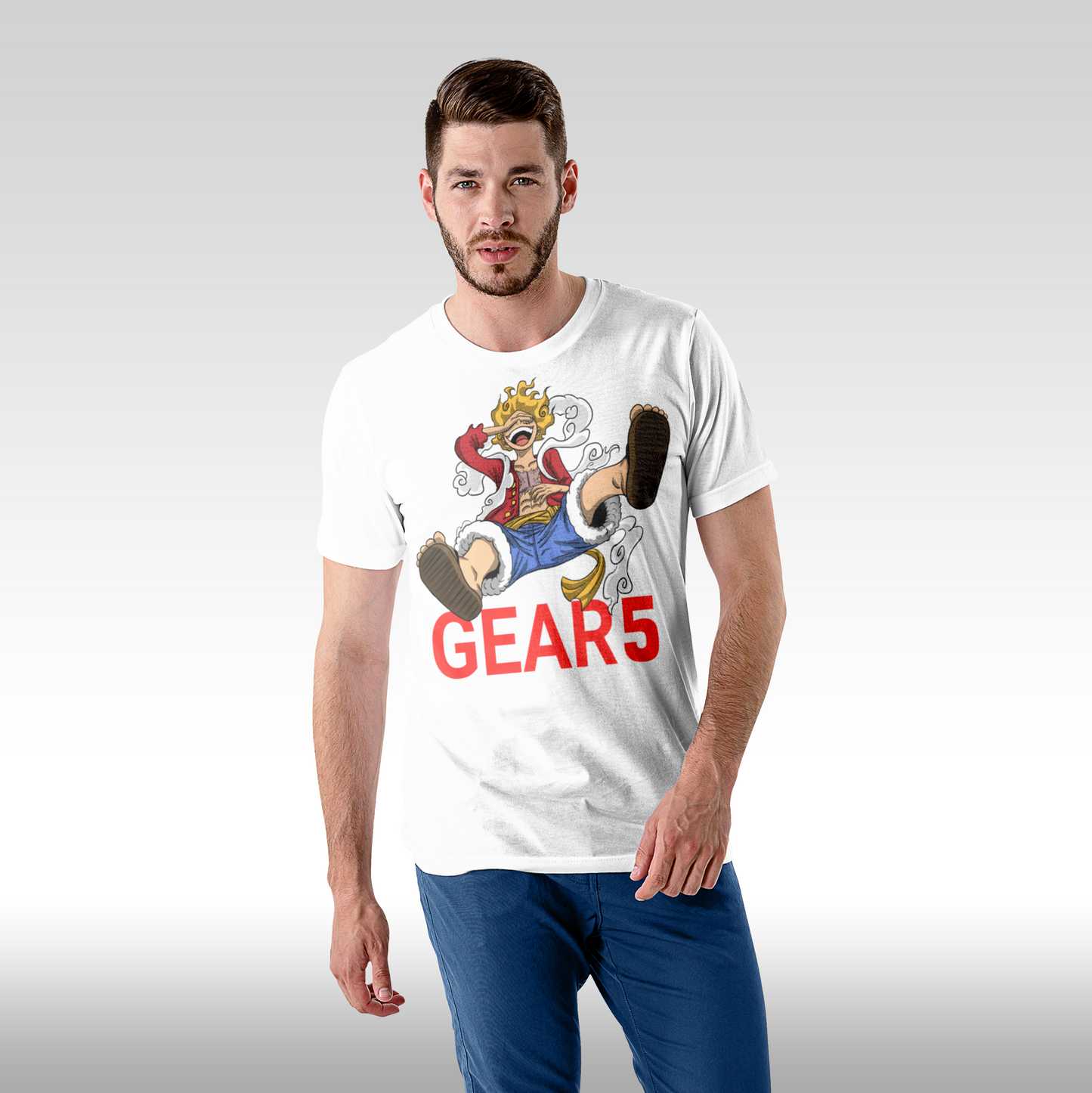Tricou alb personalizat bumbac Fata Barbat anime "Monkey D. Luffy Gear 5" streetwear