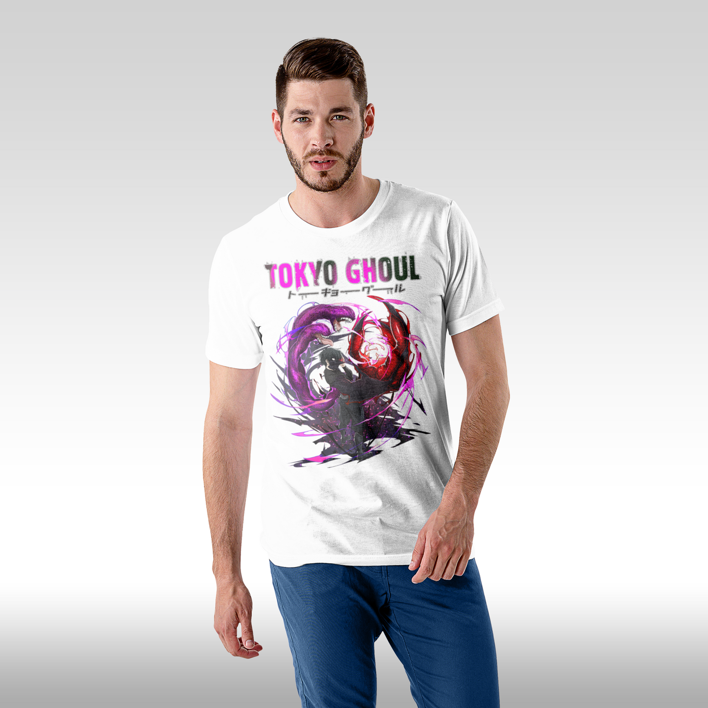 Tricou alb personalizat bumbac Fata Barbat anime "Tokyo Ghoul" streetwear