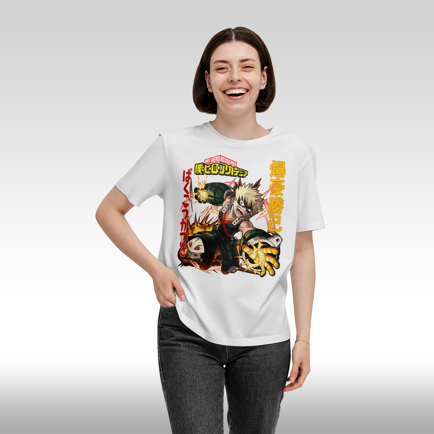 Tricou alb personalizat bumbac Fata dama anime "Bakugo Katsuki" streetwear