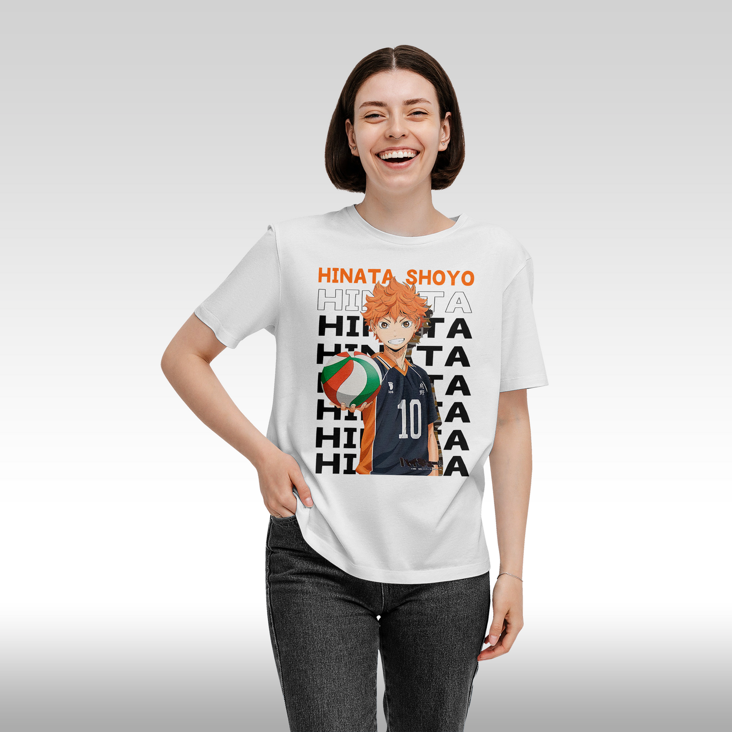 Tricou alb personalizat bumbac Fata dama anime "Hinata Shoyo" streetwear