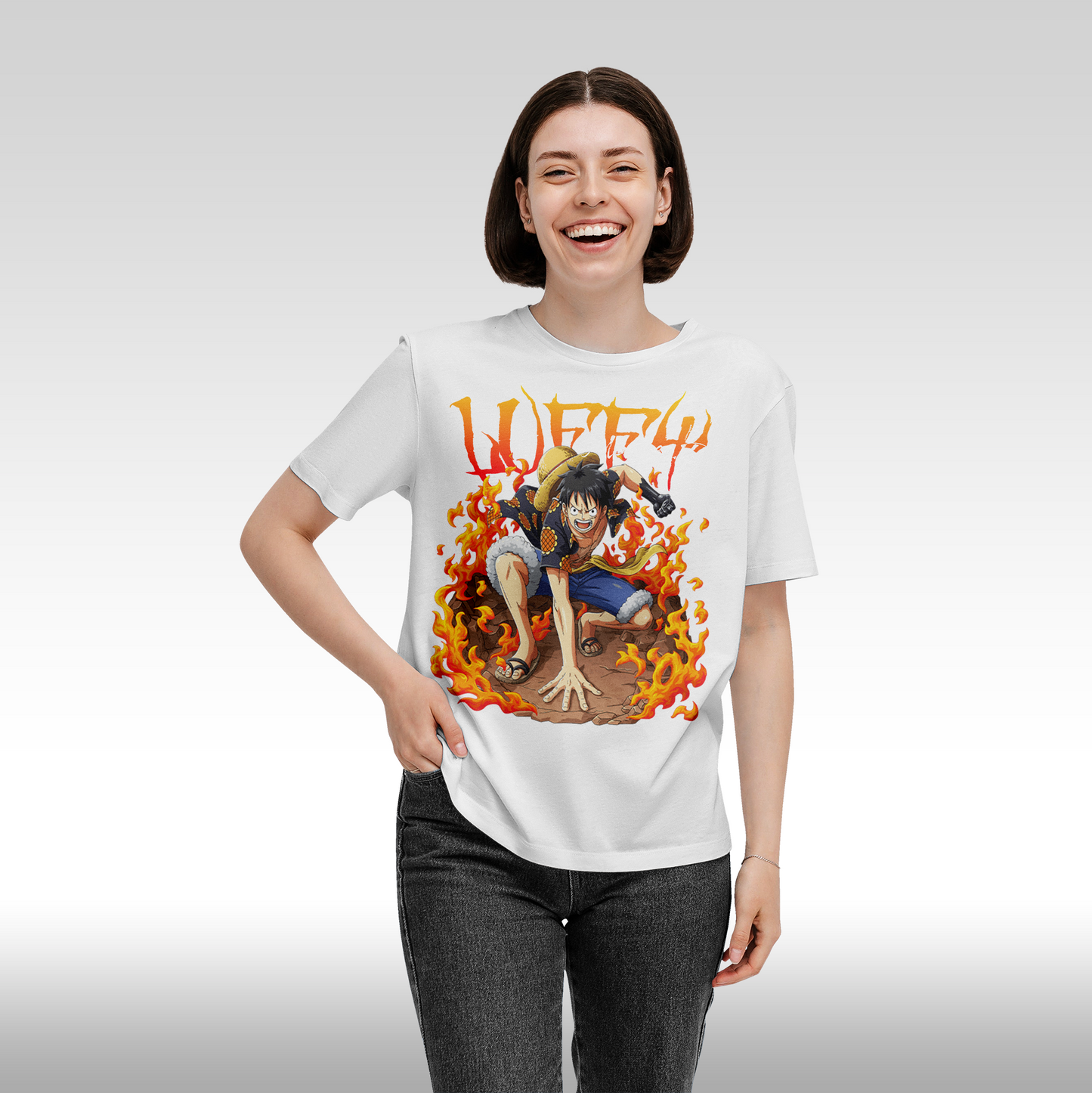 Tricou alb personalizat bumbac Fata dama anime "Luffy" streetwear