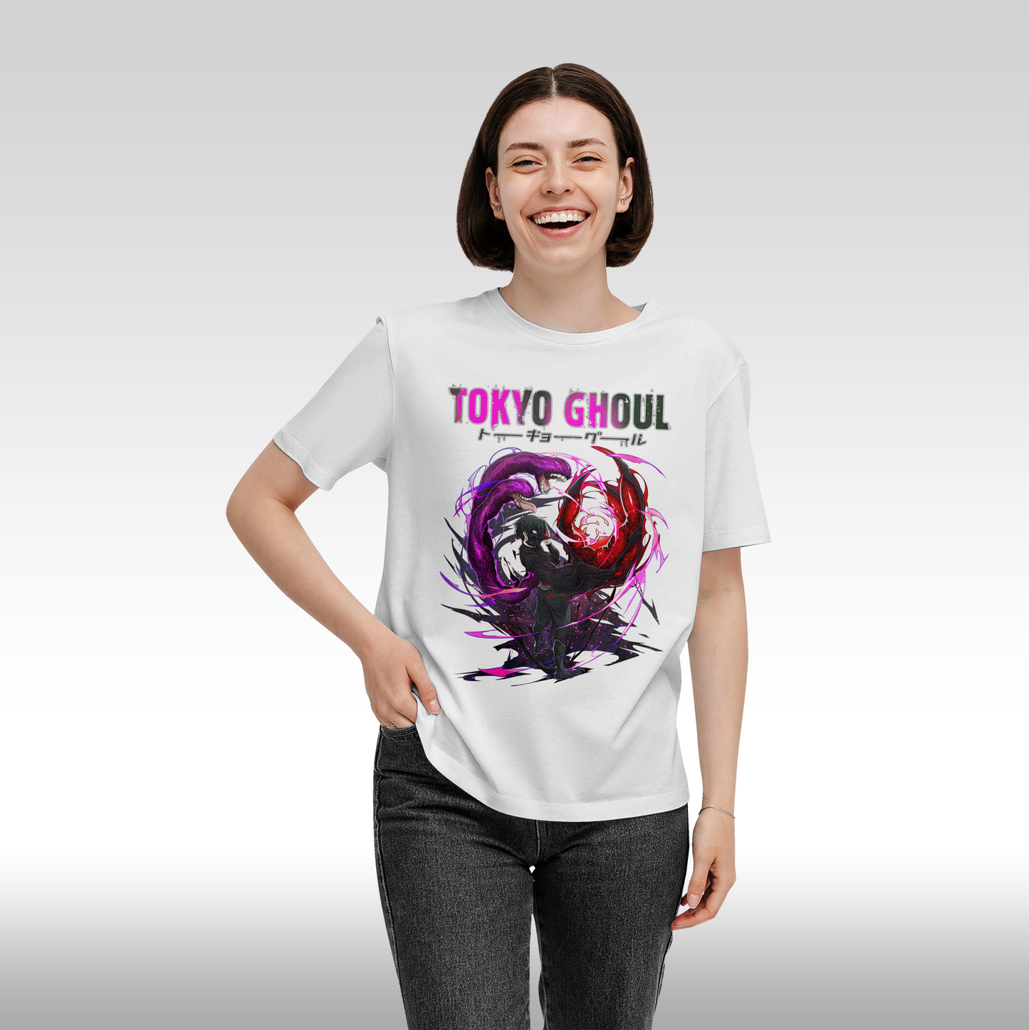 Tricou alb personalizat bumbac Fata dama anime "Tokyo Ghoul" streetwear