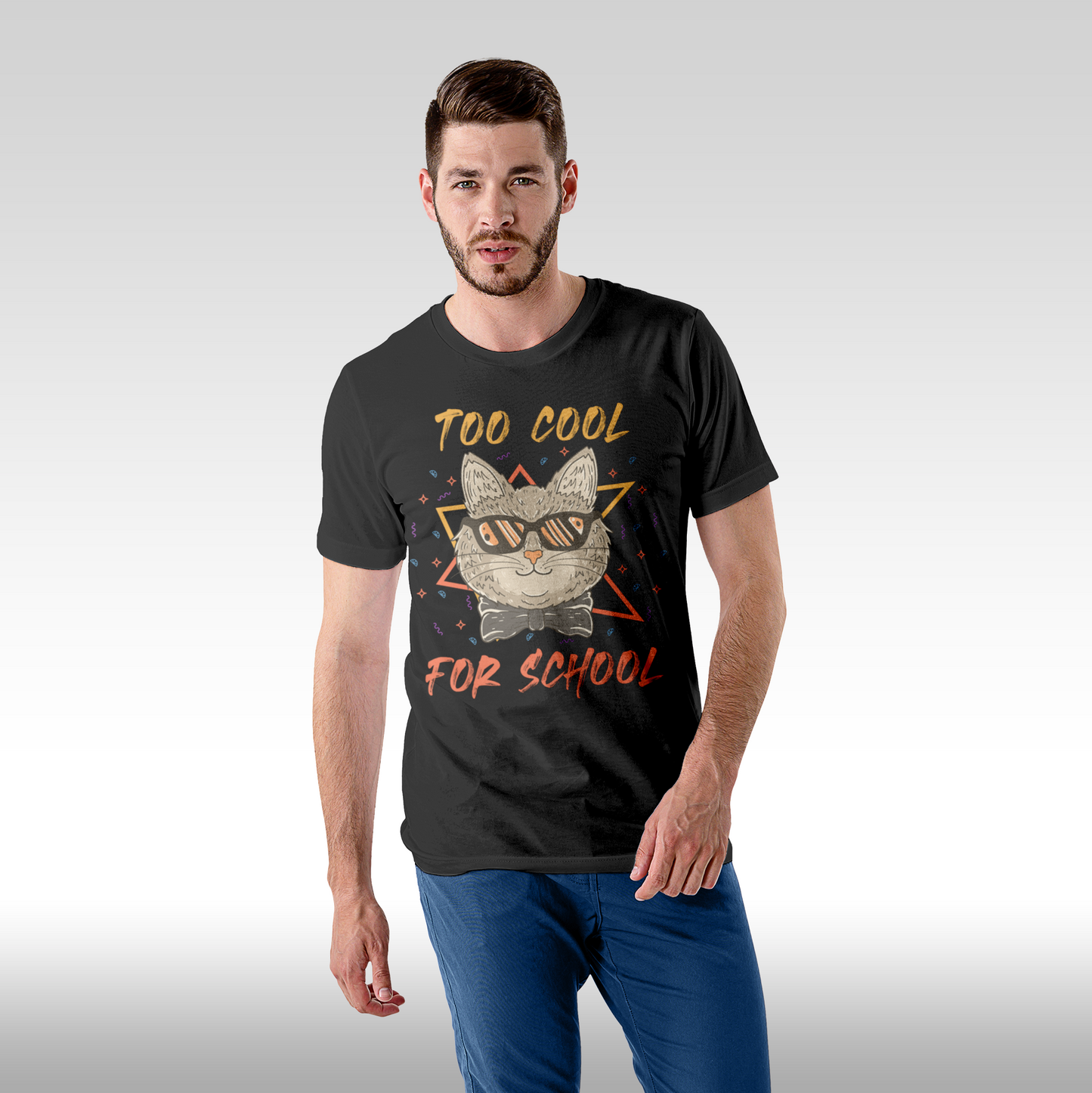 Tricou negru personalizat bumbac Fata barbat urban "Too Cool For School - pisica" streetwear