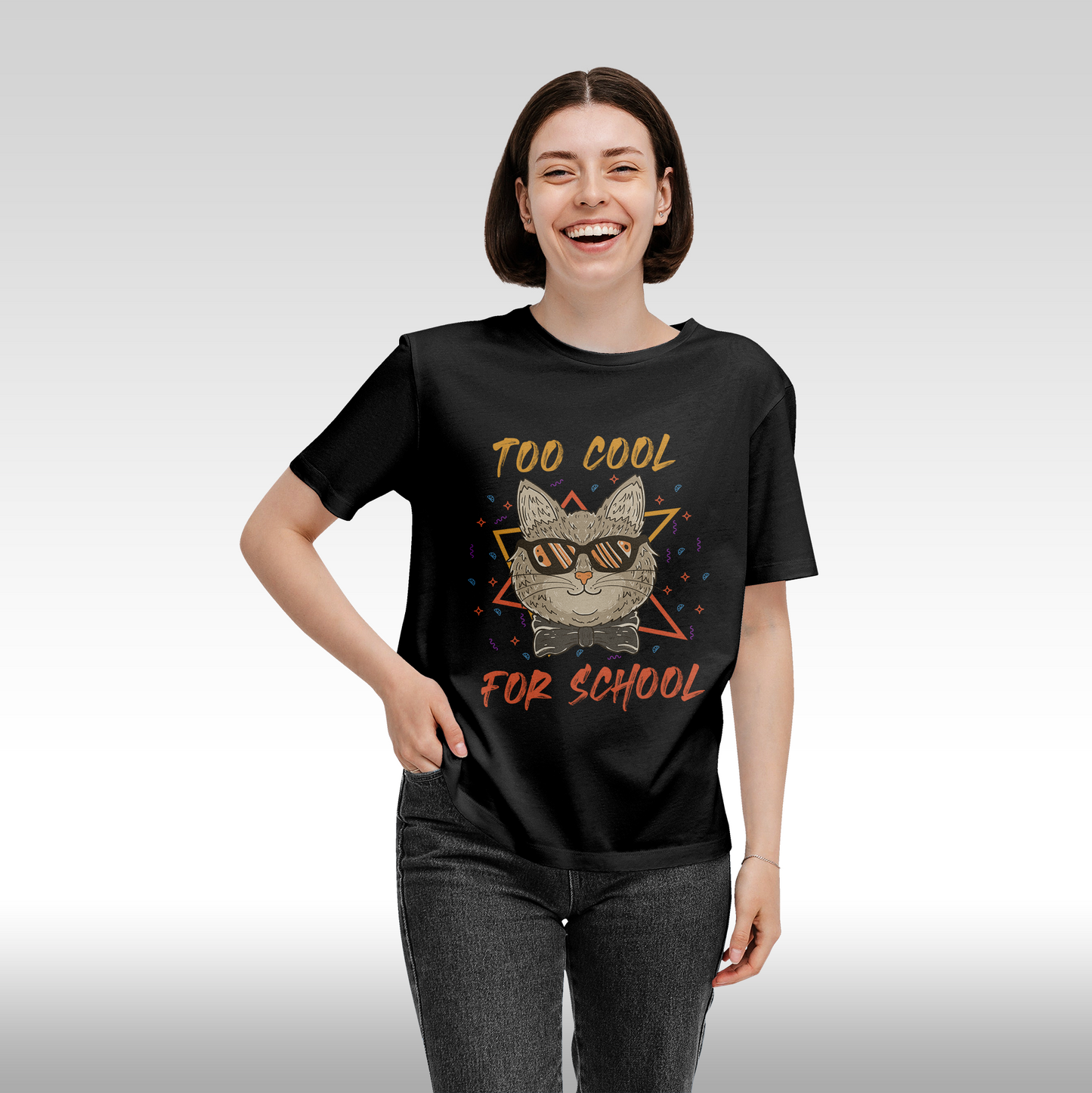 Tricou negru personalizat bumbac Fata Dama urban "Too Cool For School - pisica" streetwear