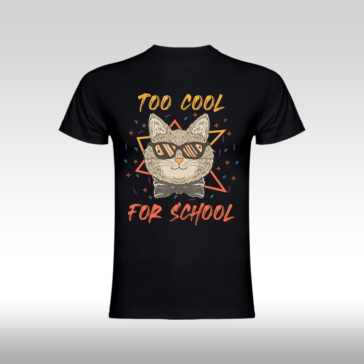 Tricou negru personalizat bumbac urban "Too Cool For School - pisica" streetwear