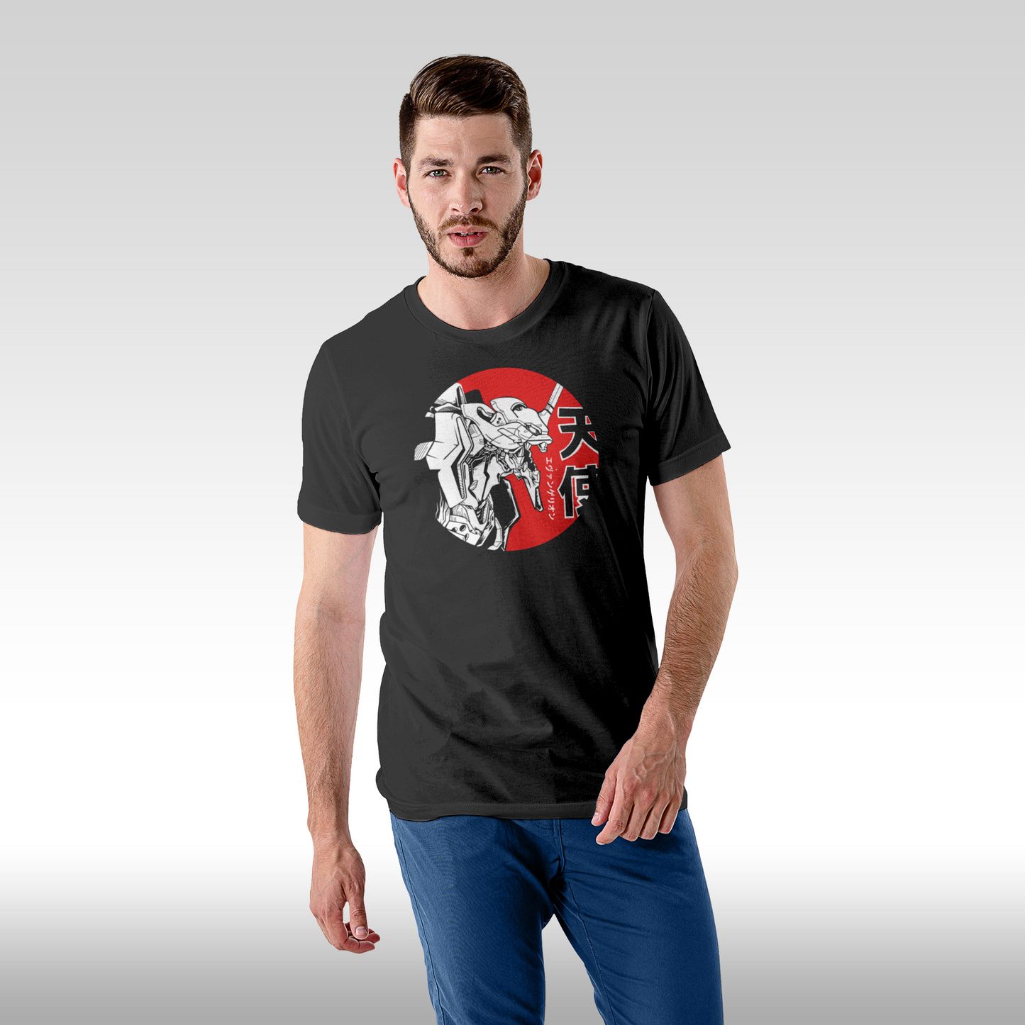 Tricou negru personalizat bumbac Fata Barbat anime "Neon Genesis Evangelion" streetwear