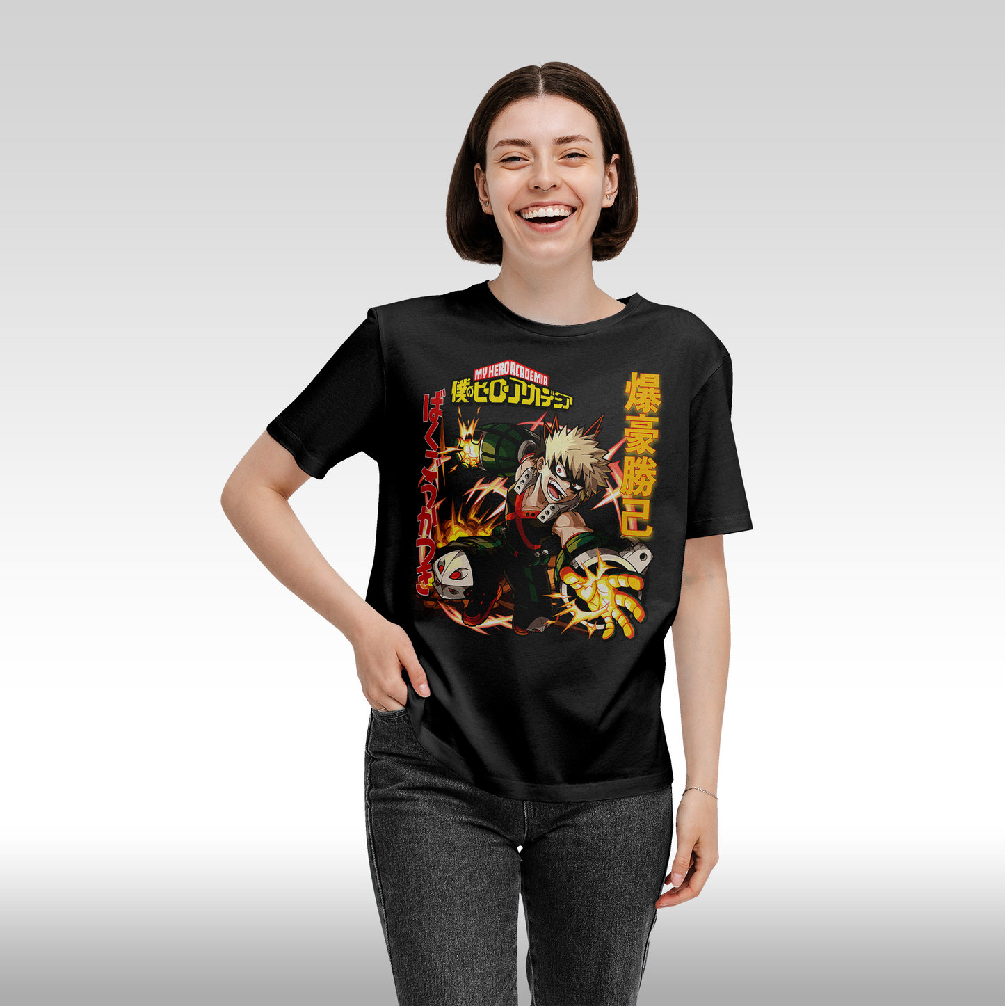 Tricou negru personalizat bumbac Fata dama anime "Bakugo Katsuki" streetwear
