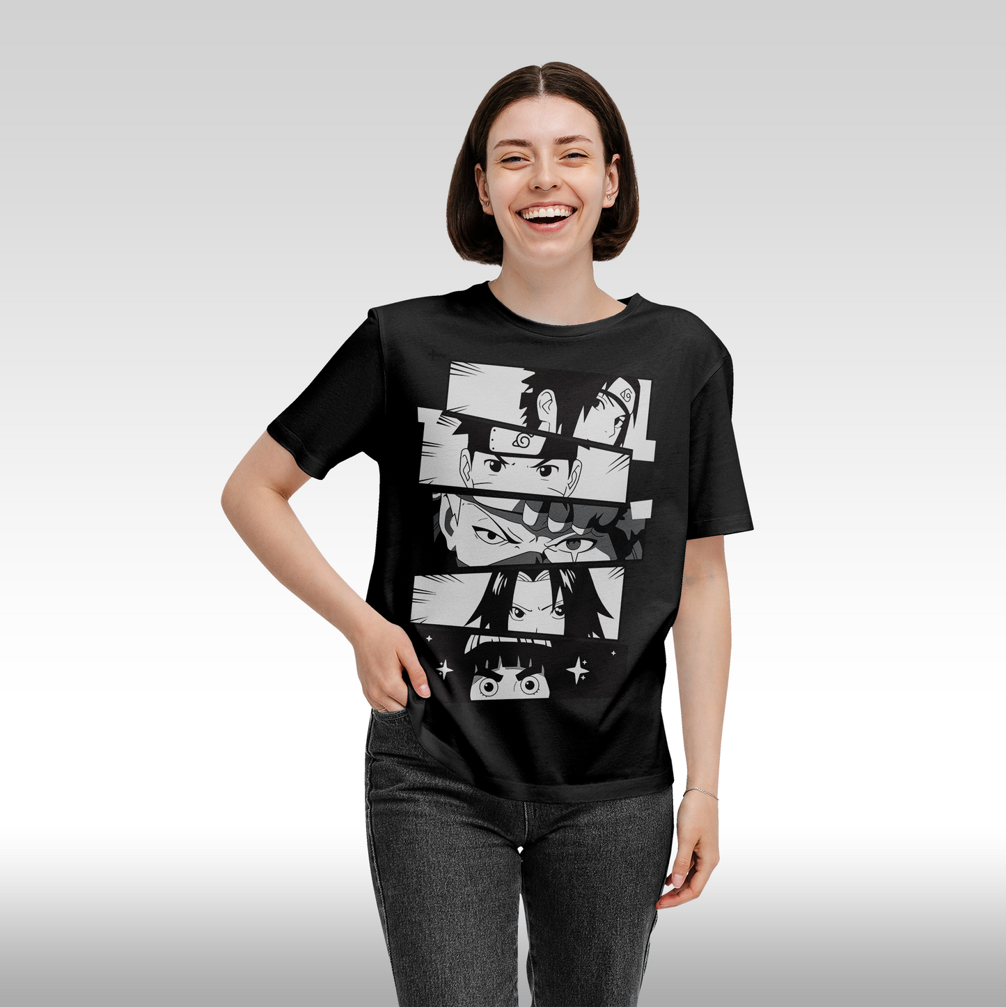 Tricou negru personalizat bumbac Fata dama anime "Naruto Gang" streetwear