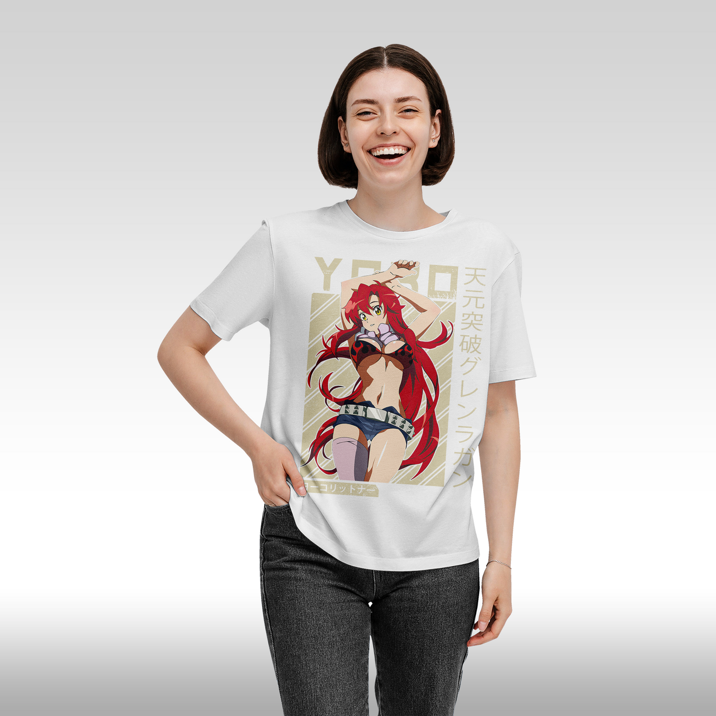 Tricou alb damă fata personalizat anime cu Yoko Littner din Gurren Lagann, din bumbac 100%, stil streetwear