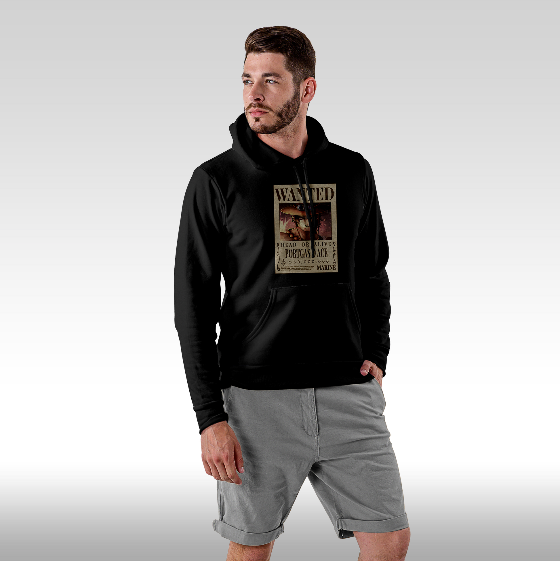 Hanorac Negru personalizat Fata Barbat anime "WANTED : Portgas D Ace" streetwear
