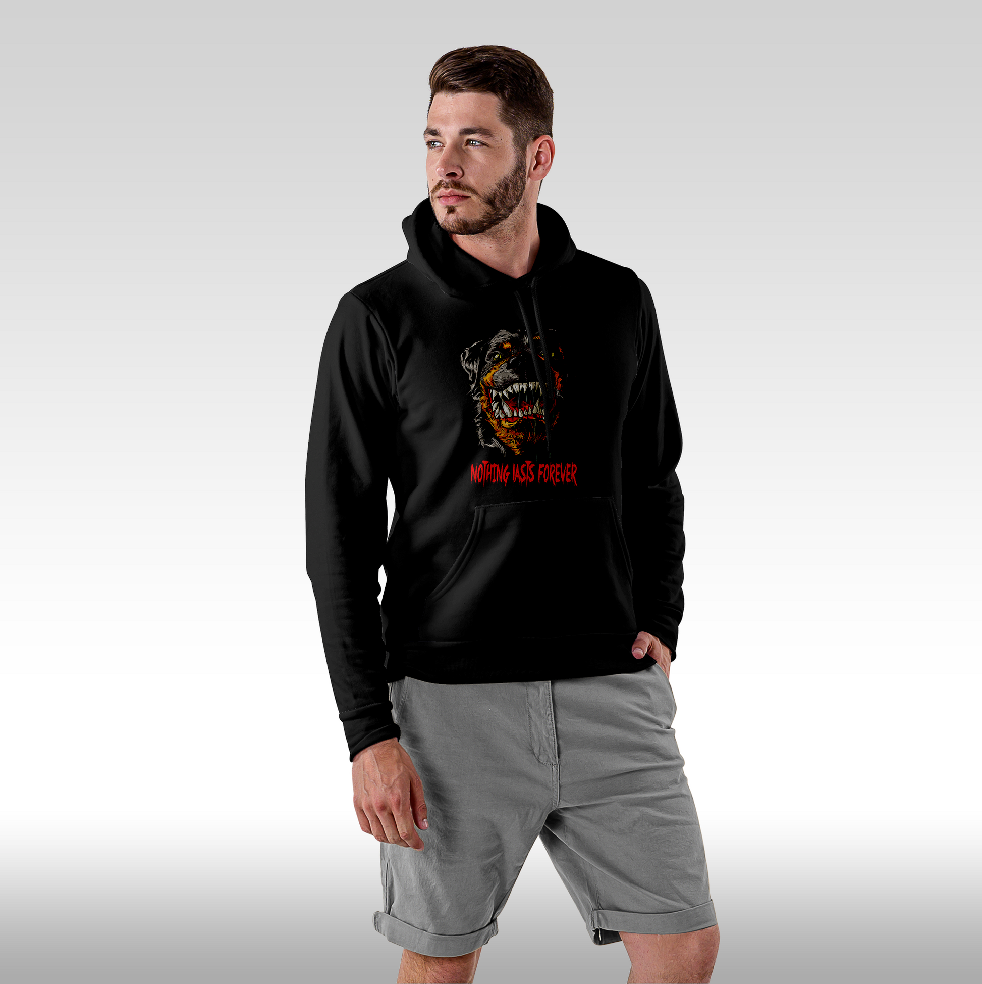 Hanorac Negru personalizat Fata Barbat caine "Nothing Lasts Forever" streetwear
