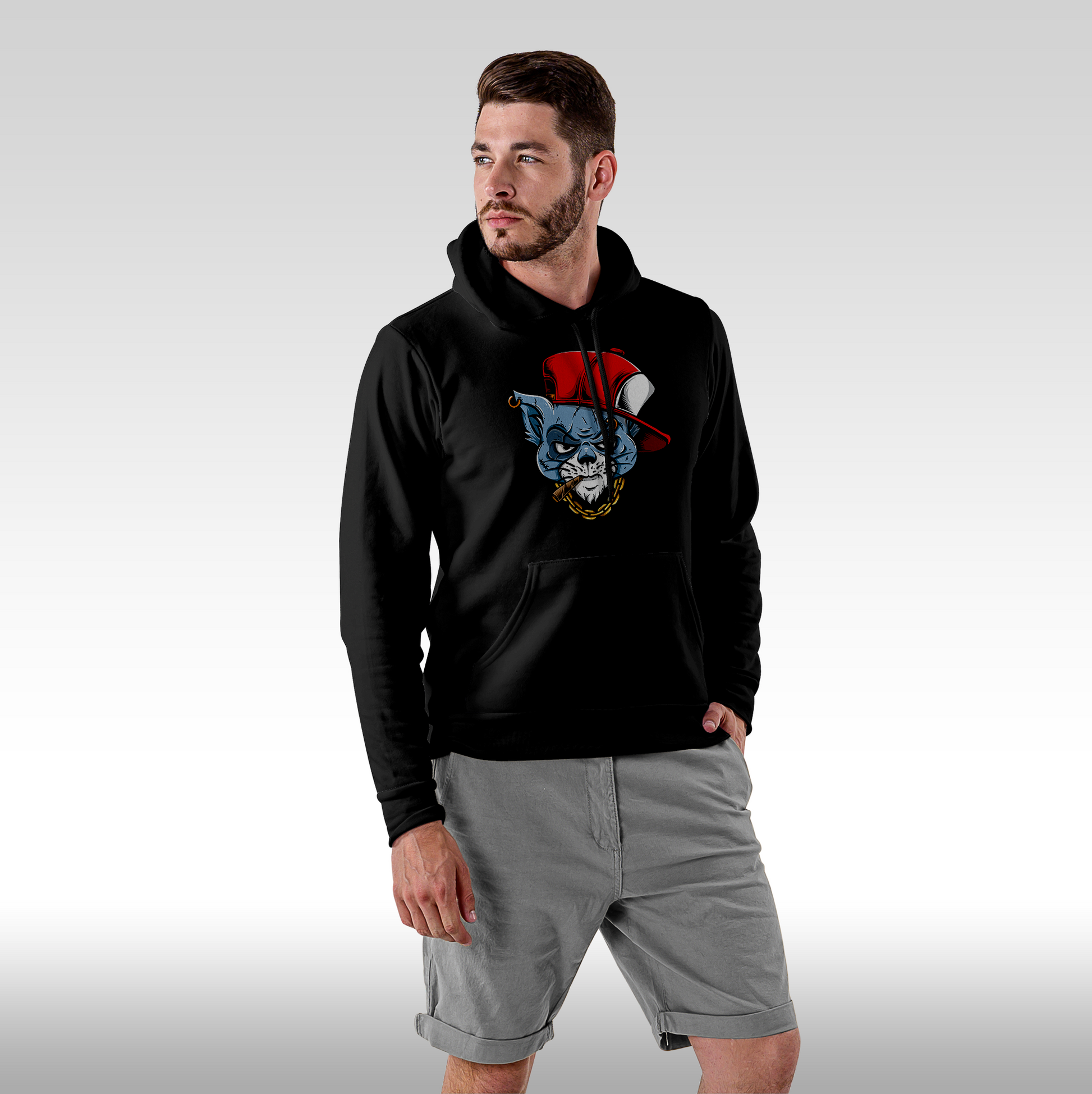 Hanorac Negru personalizat Fata Barbat urban "Gangsta Cat" streetwear
