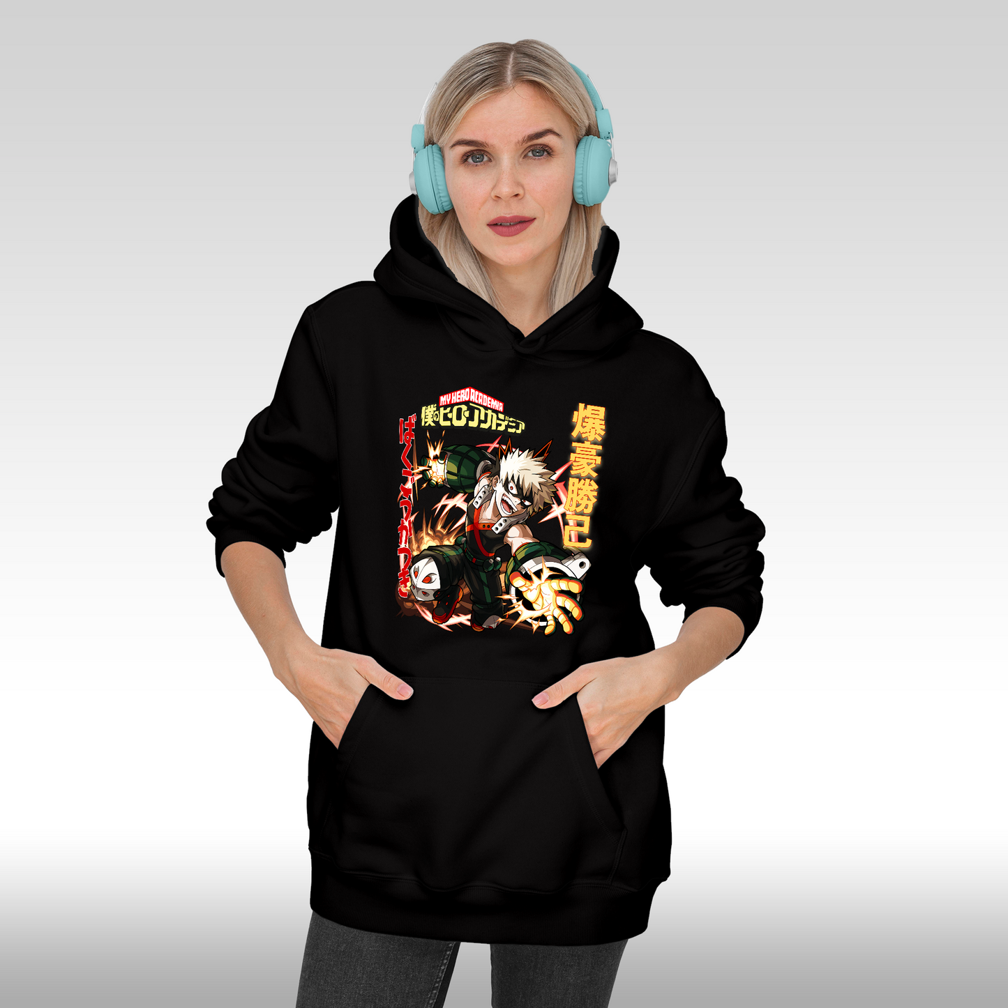 Hanorac Negru personalizat Fata dama anime "Bakugo Katsuki" streetwear
